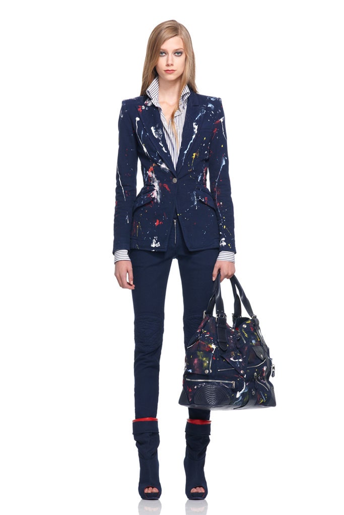 blue printed blazer with slim pants