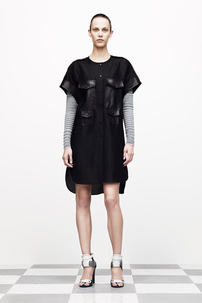 black cotton short-sleeve collared relaxed pockets buttoned dress