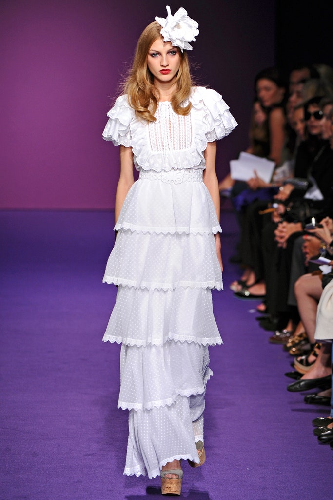 white tiered ruffled gown