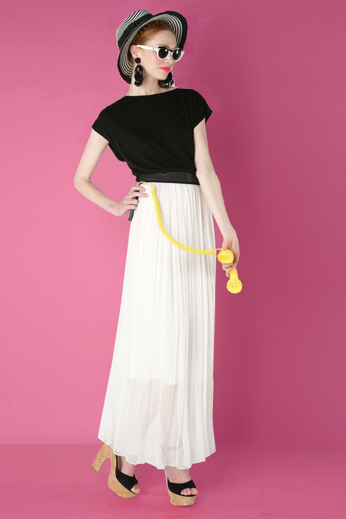 black top white pleated maxi skirt