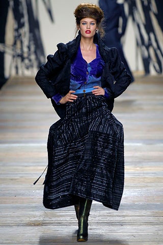 blue silk blouse black coat maxi skirt