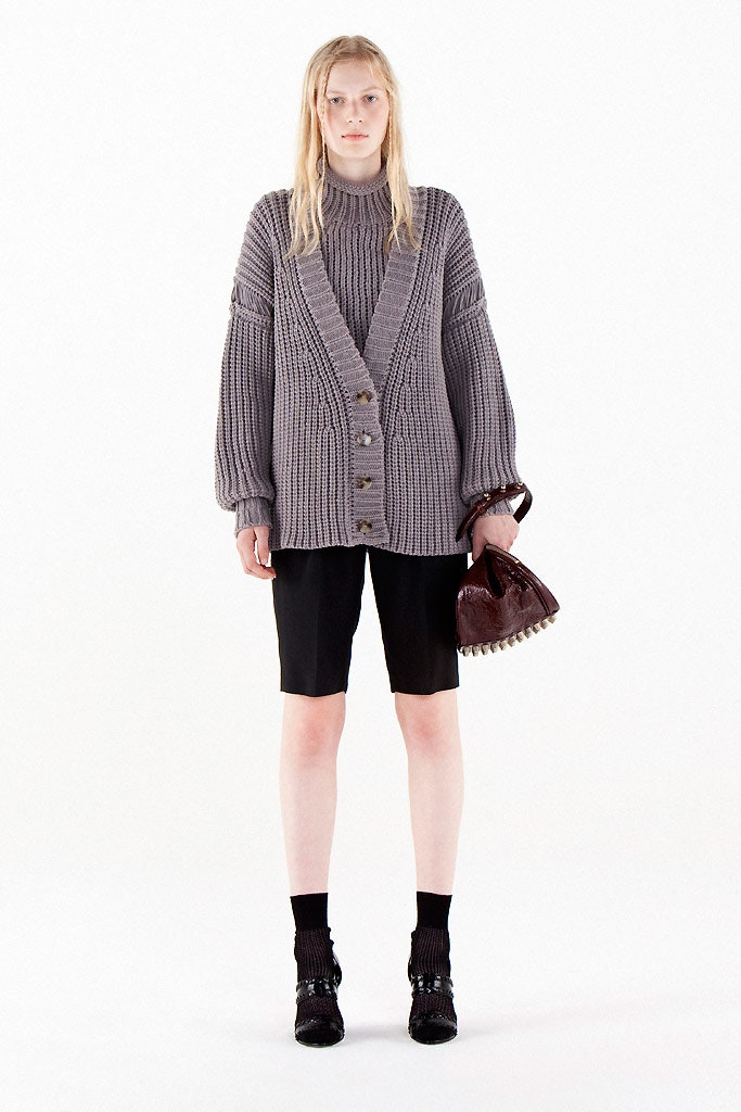 gray wool relaxed cardigan with black shorts