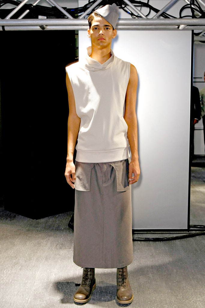 beige relaxed top with gray midi skirt