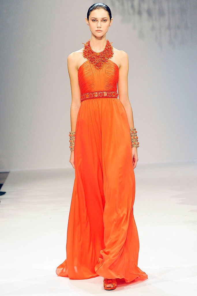 orange silk strapless gown
