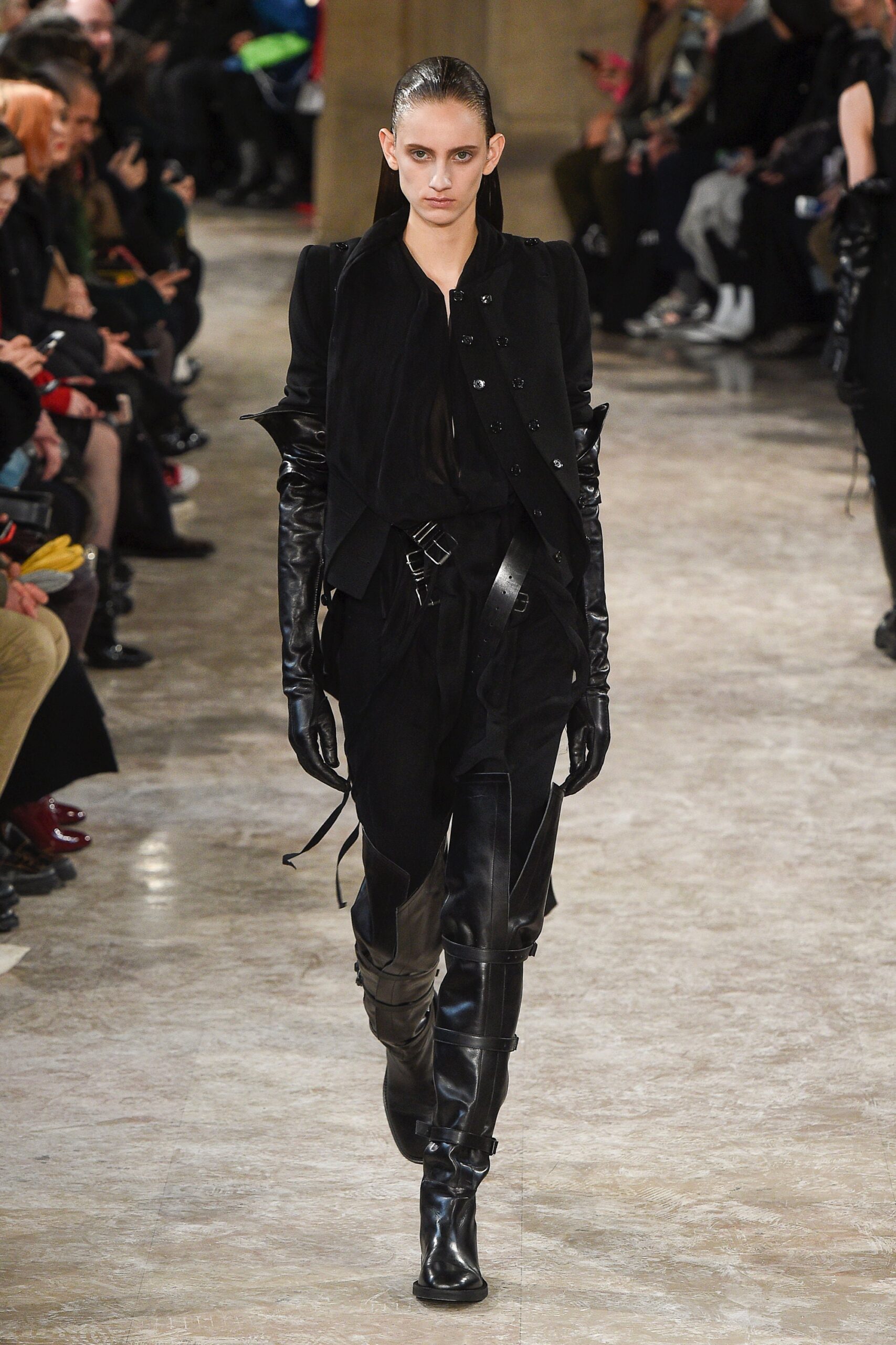 black leather fitted jacket and pants