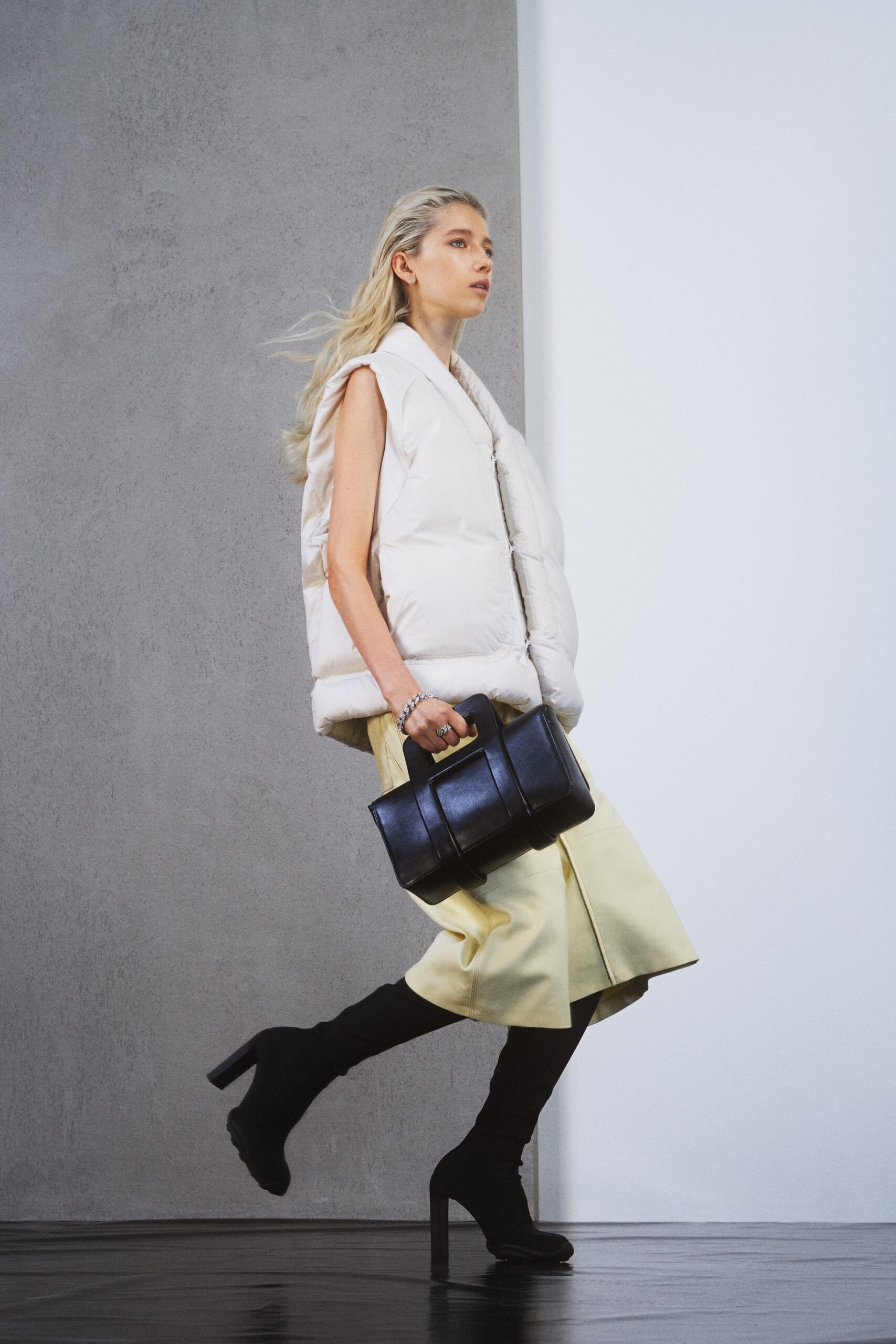 white padded vest with yellow skirt