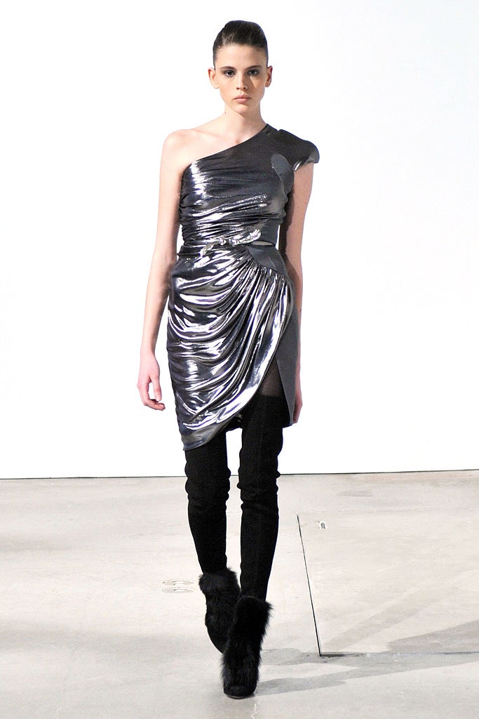 metallic asymmetric dress with slim pants