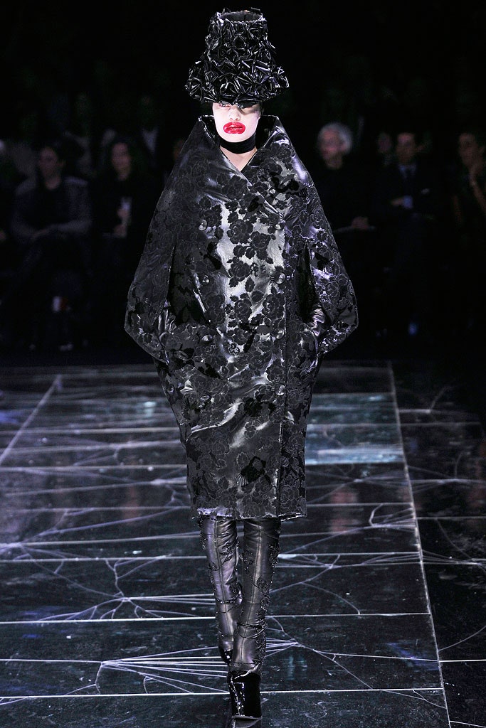 black embroidered coat with leather pants