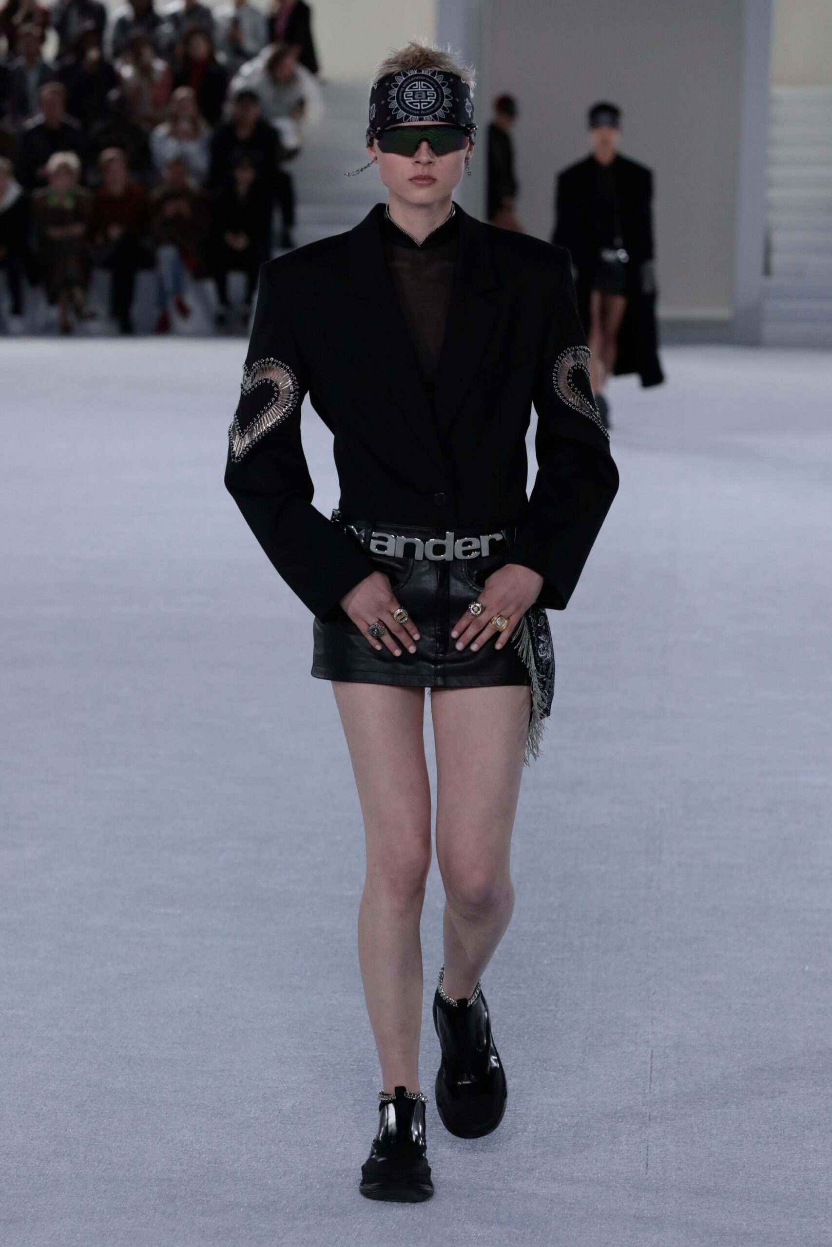 black tailored blazer and mini skirt