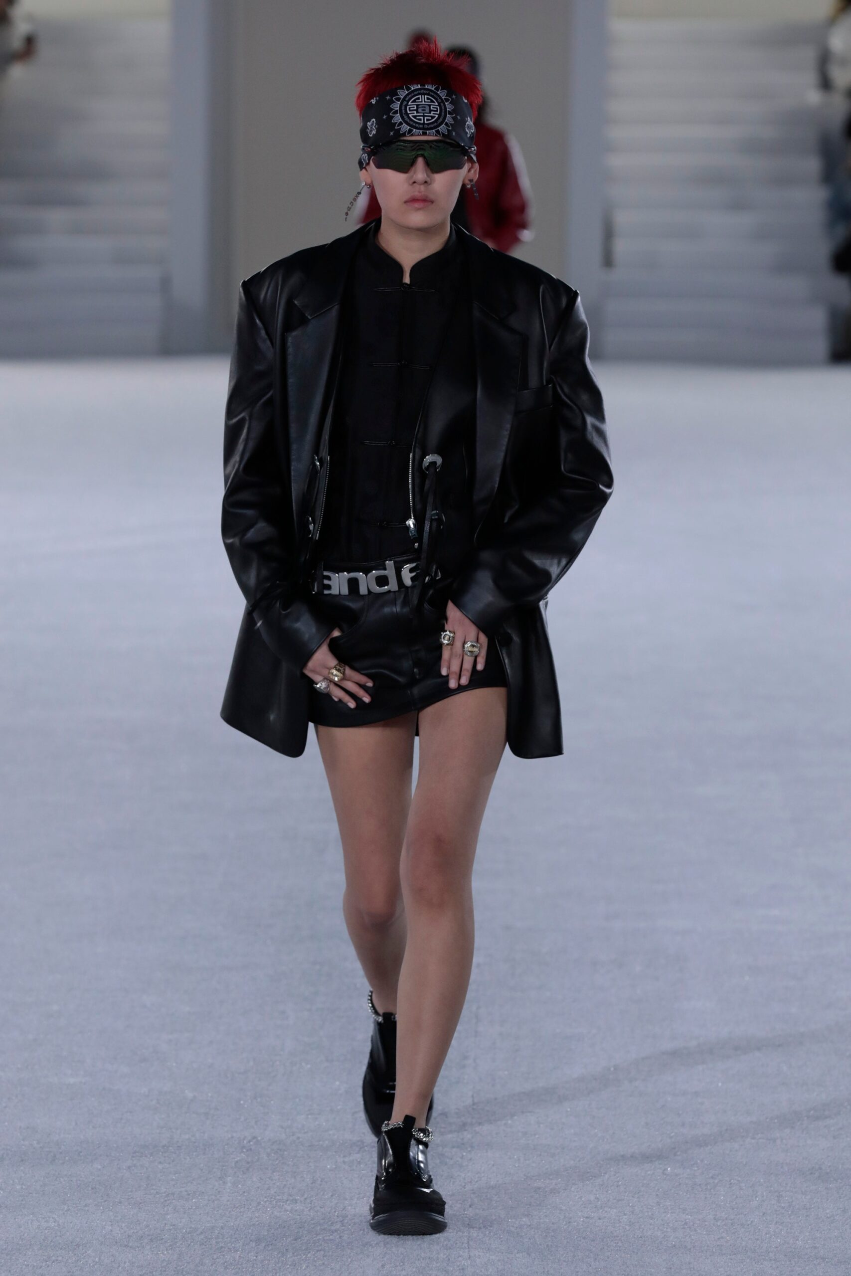 black leather jacket and shorts