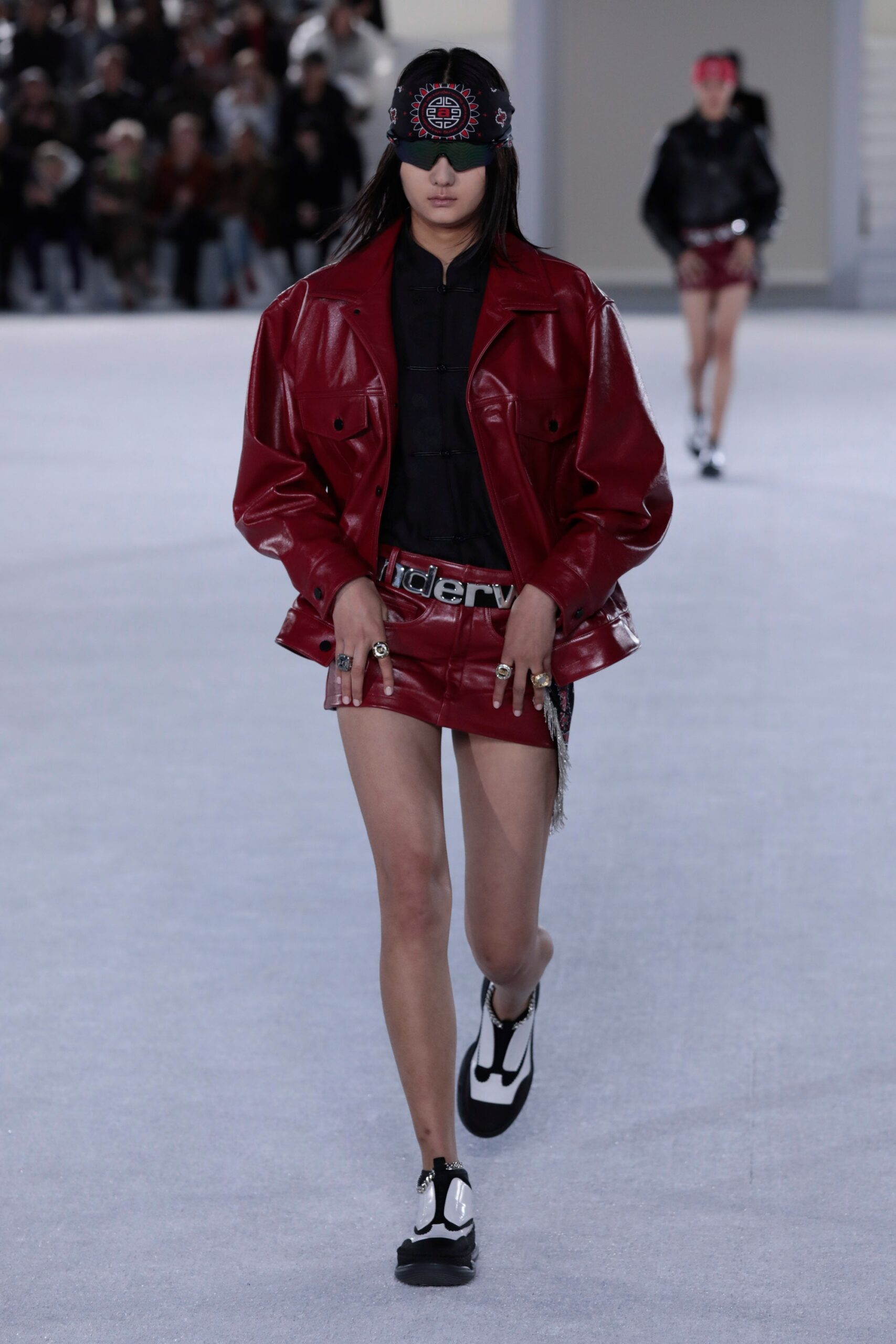 red leather fitted zippered mini skirt