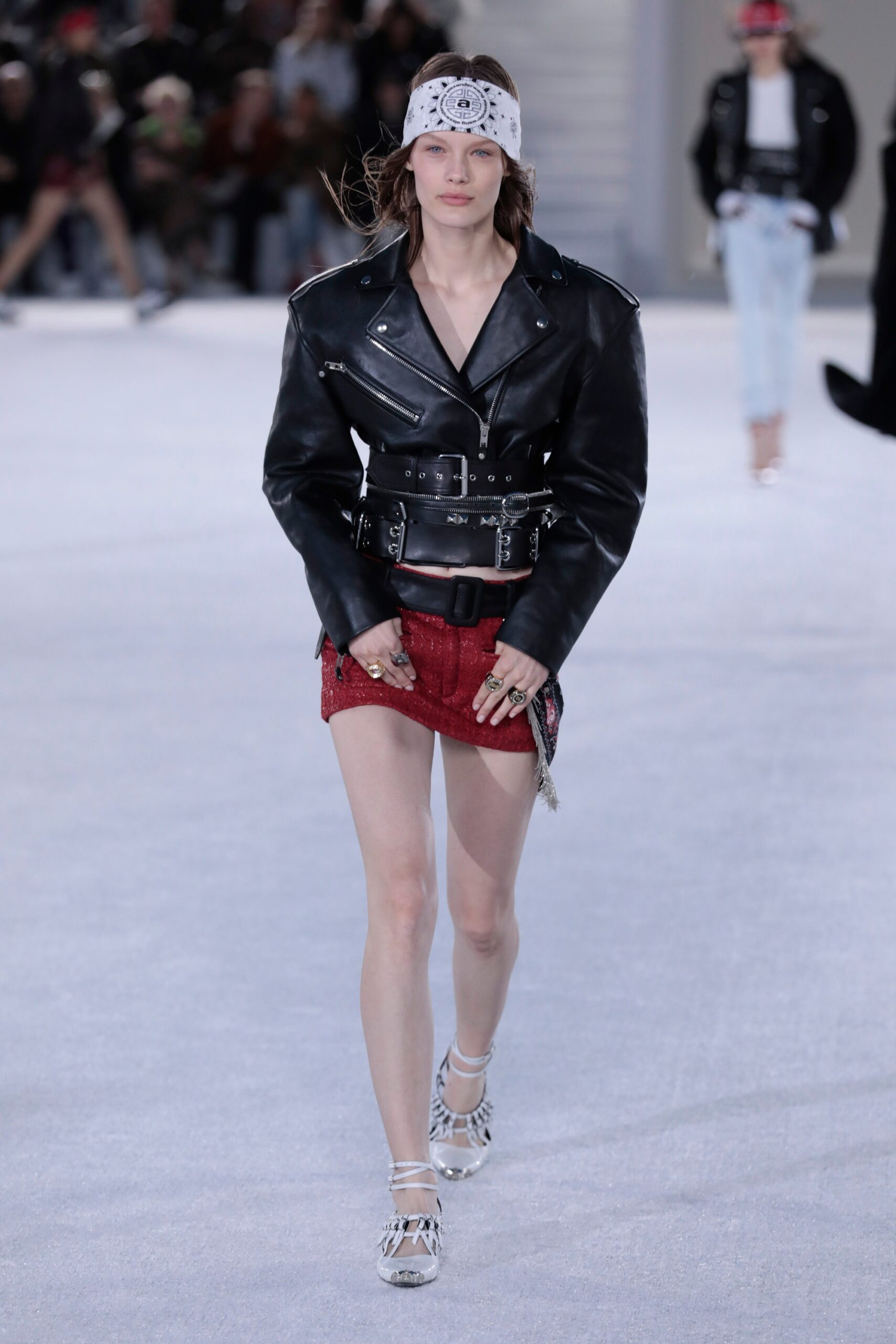 black leather fitted jacket and red pencil skirt
