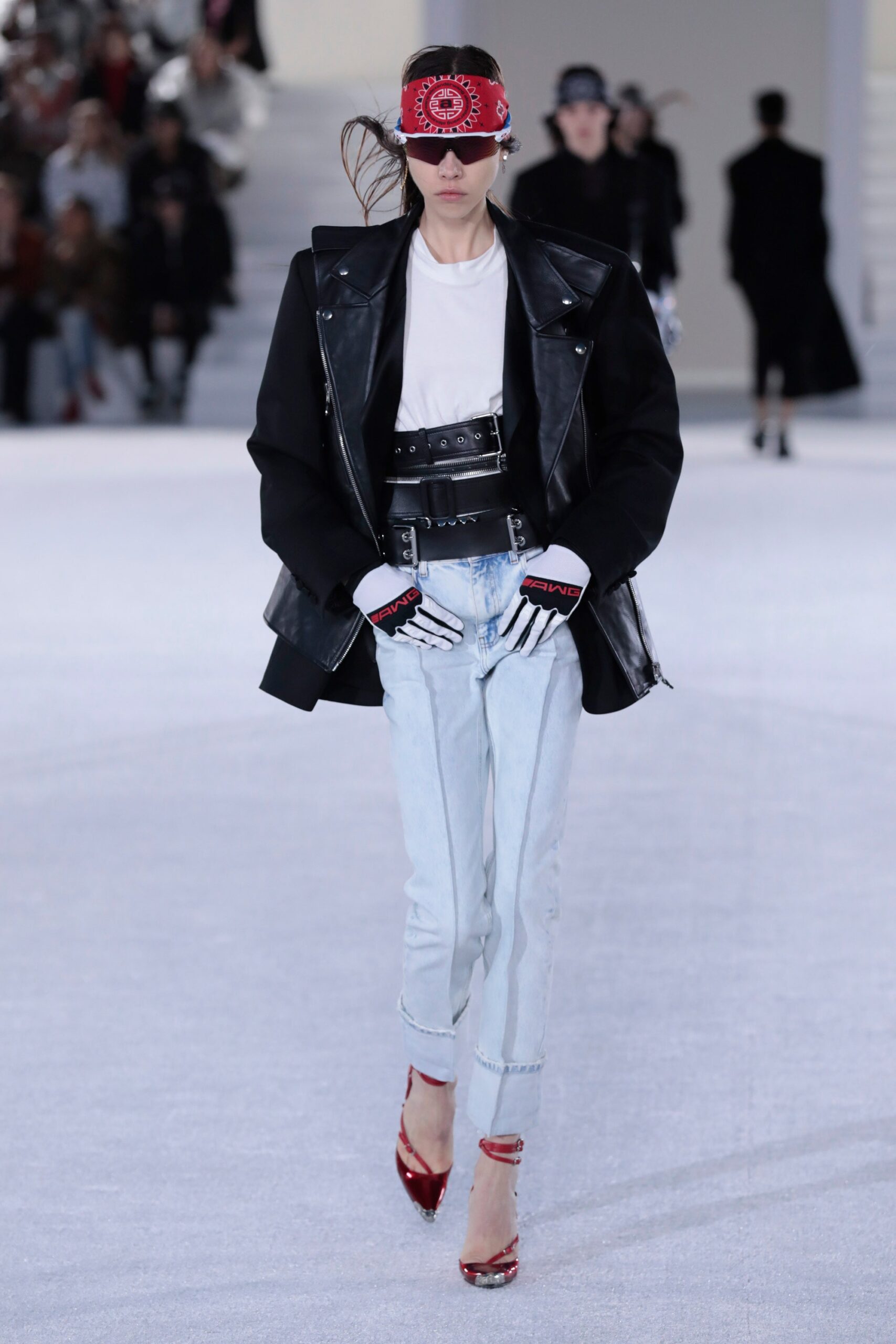 black leather jacket with white t-shirt