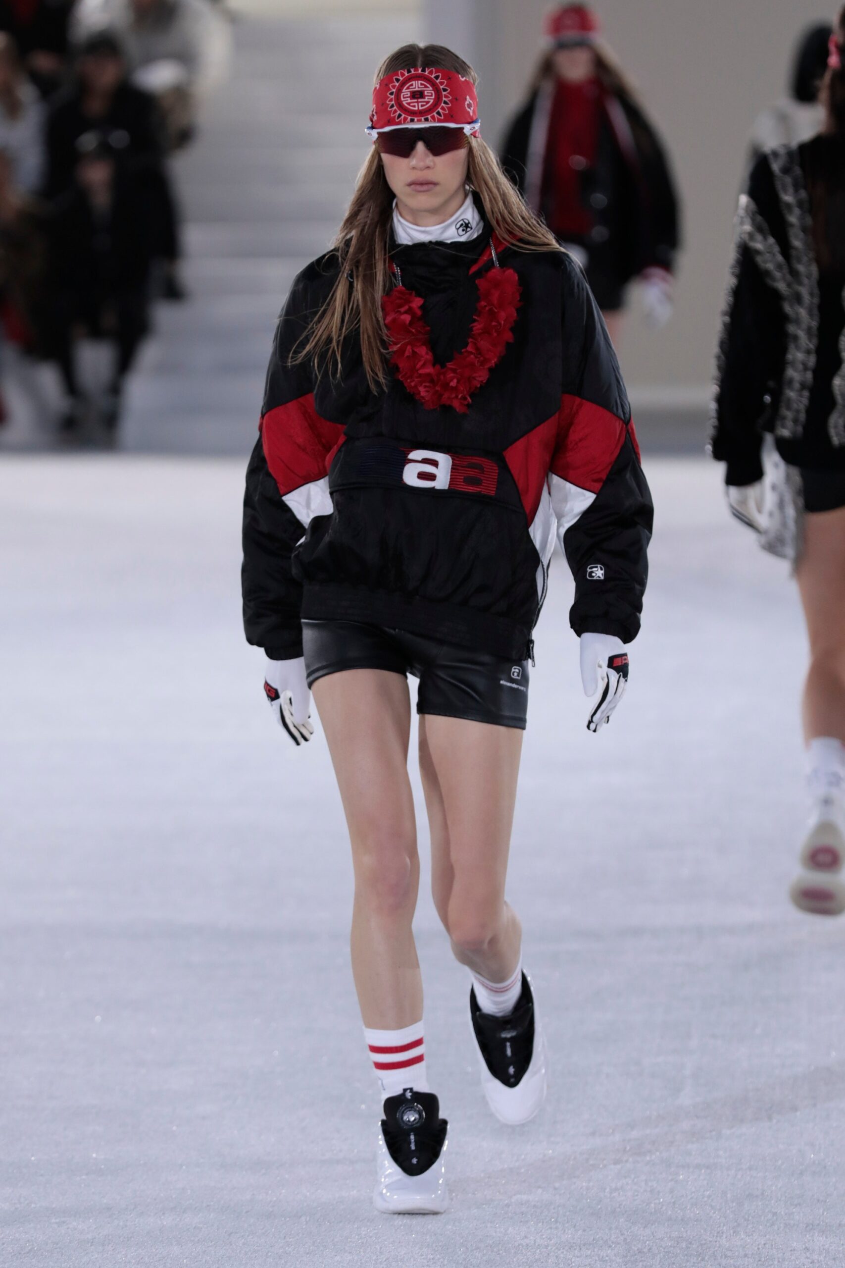 oversized color-blocked jacket with leather shorts