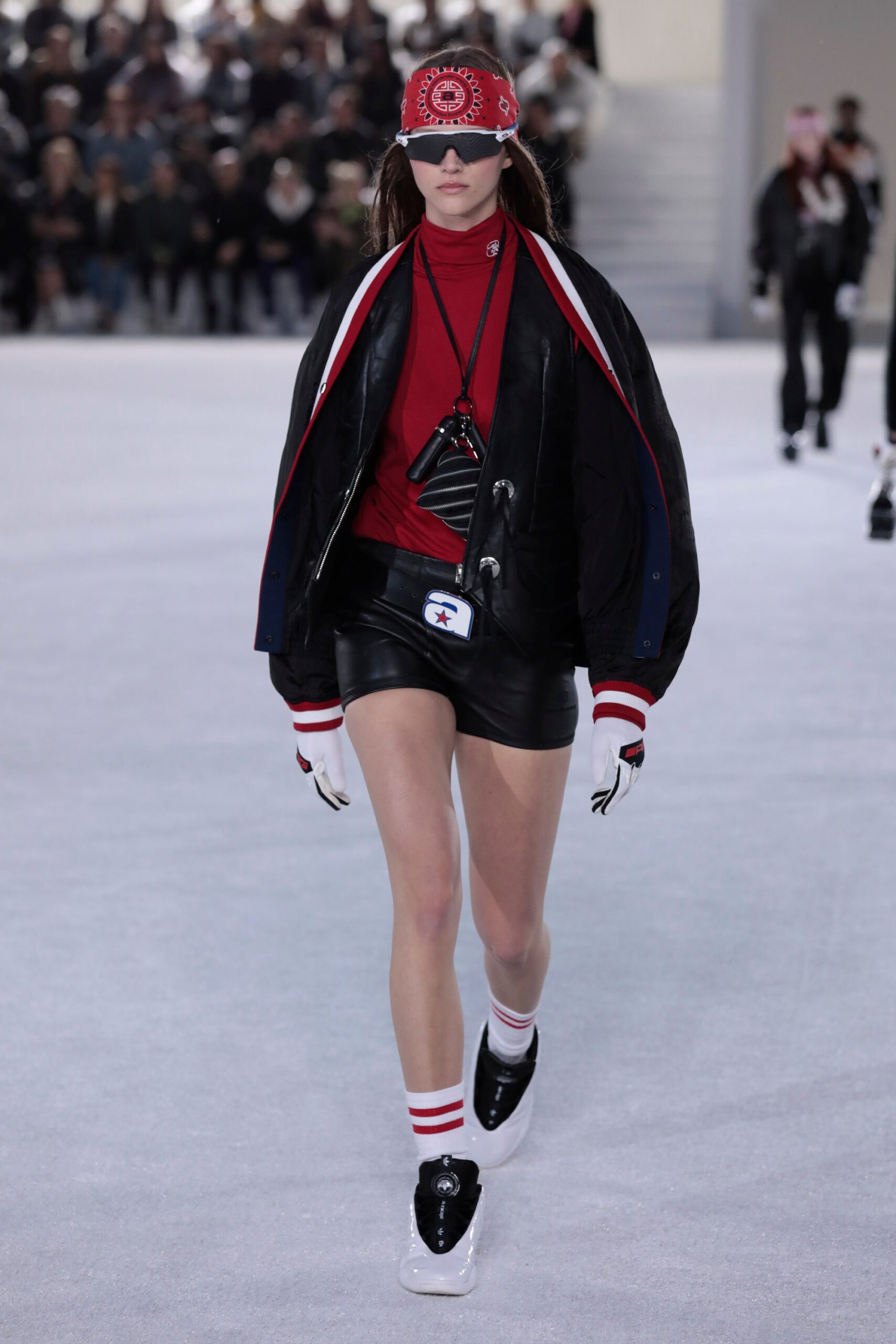 oversized black leather jacket with red top