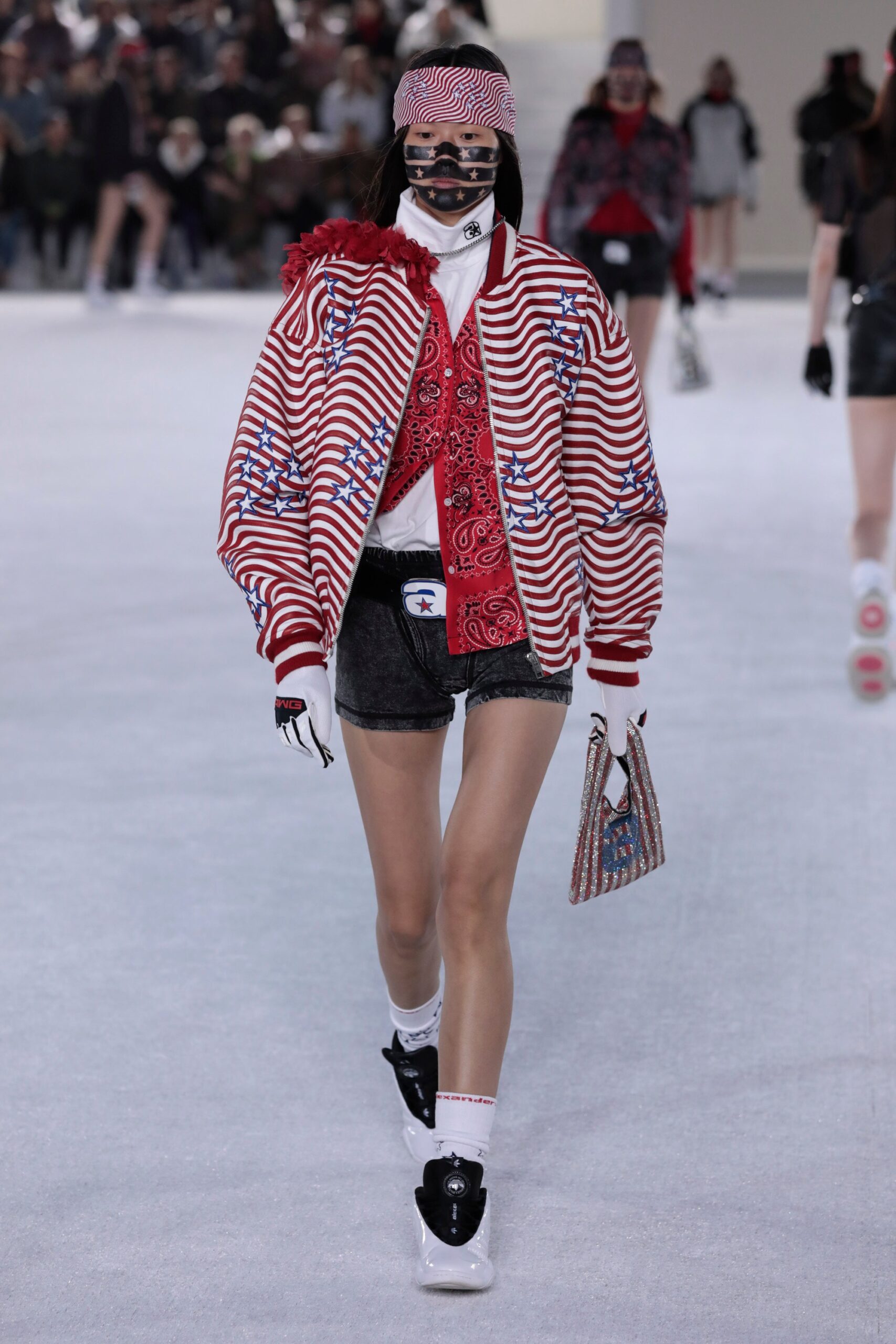 red and white striped jacket with denim shorts