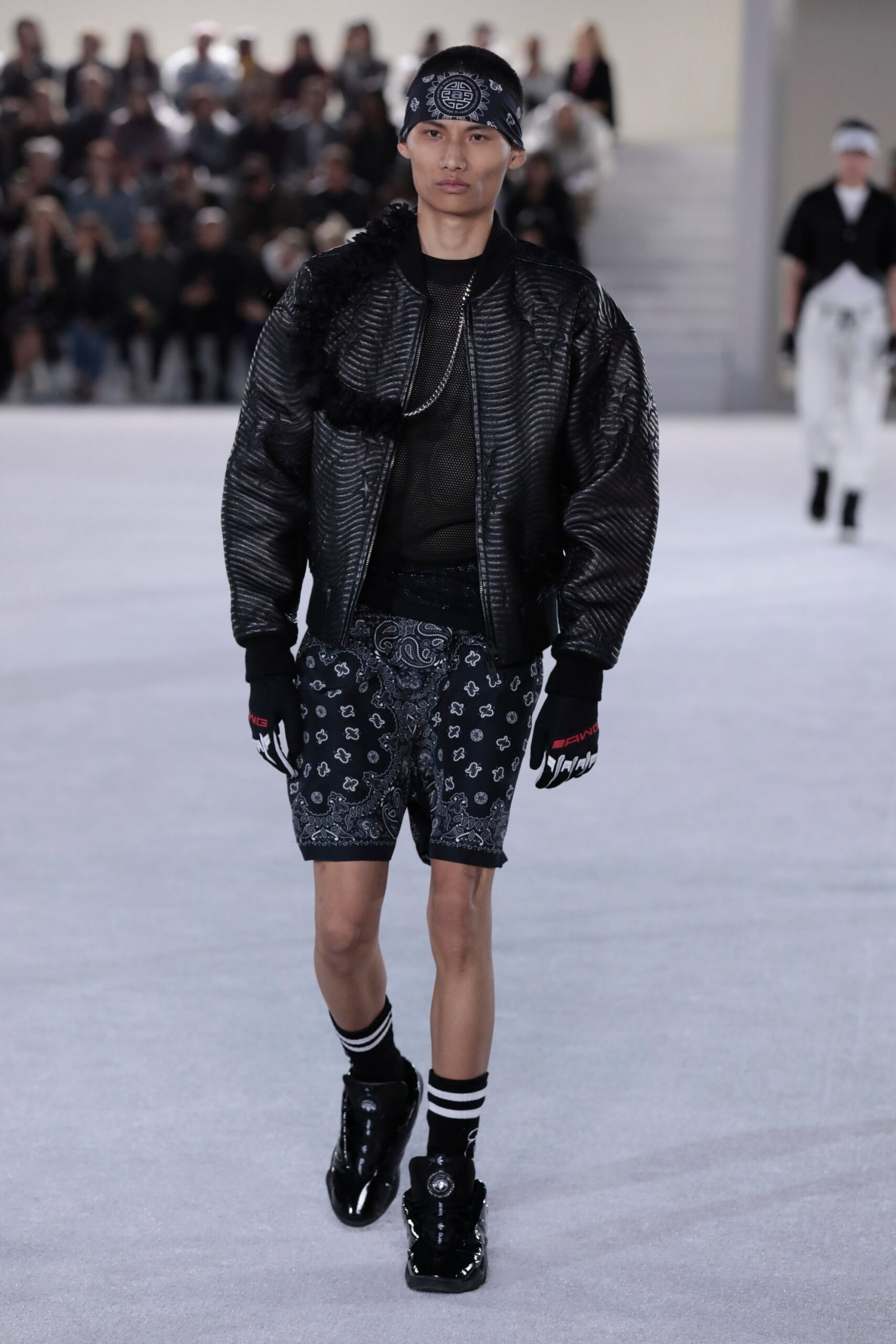 black leather jacket with shorts