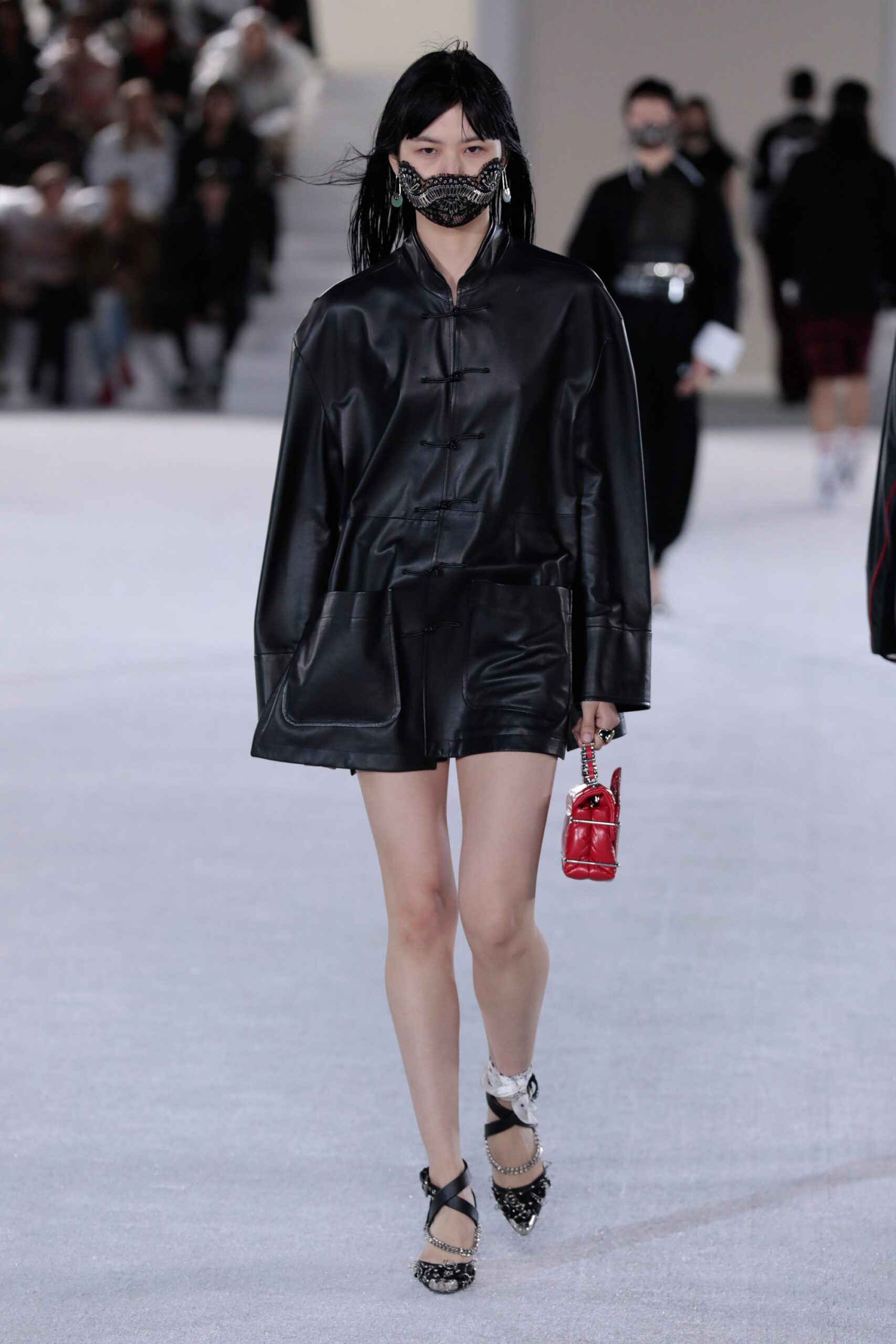 black leather oversized jacket with shorts