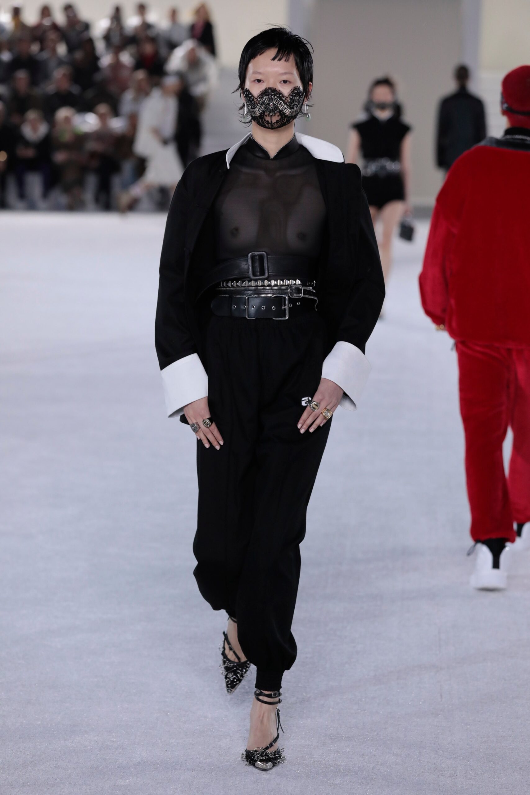 black fitted shirt and relaxed pants