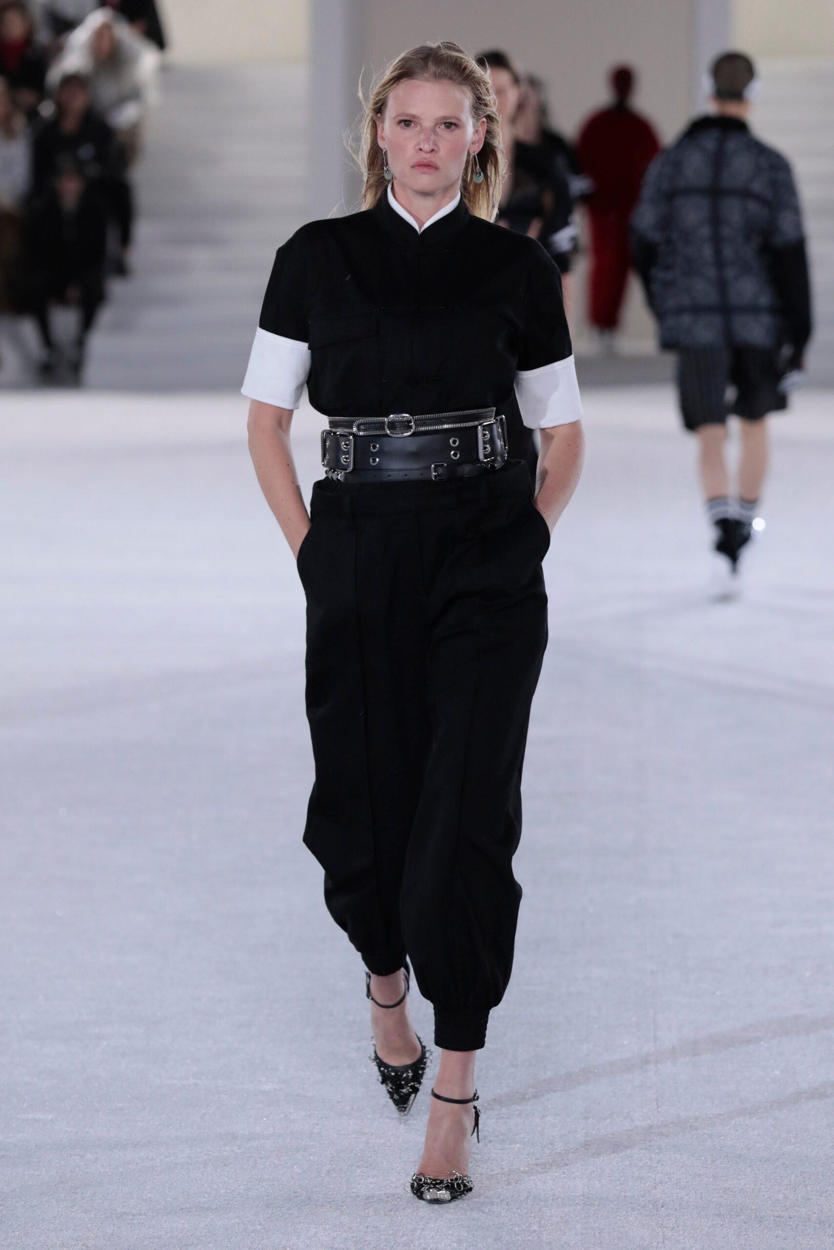 black and white fitted shirt with relaxed pants