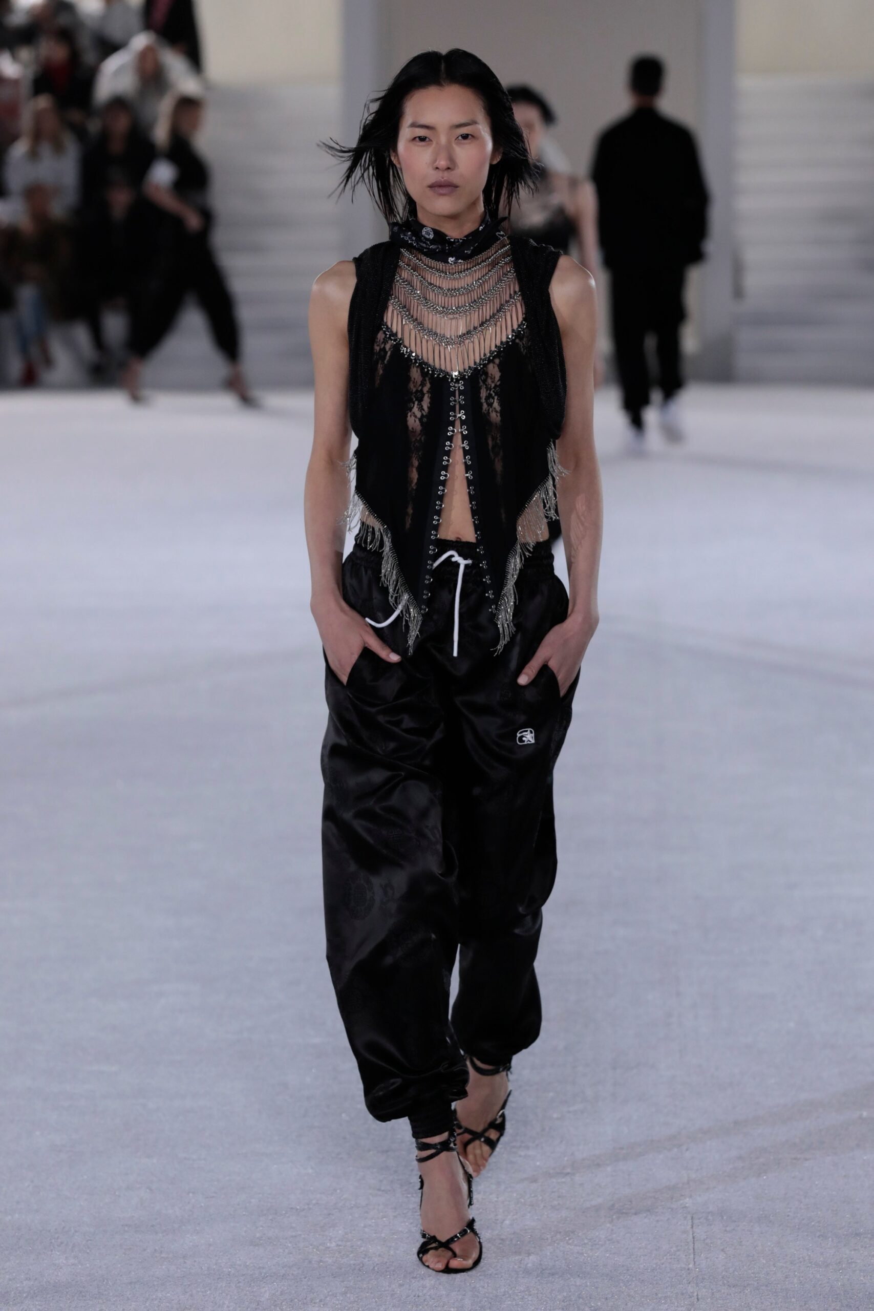 black silk top and pants