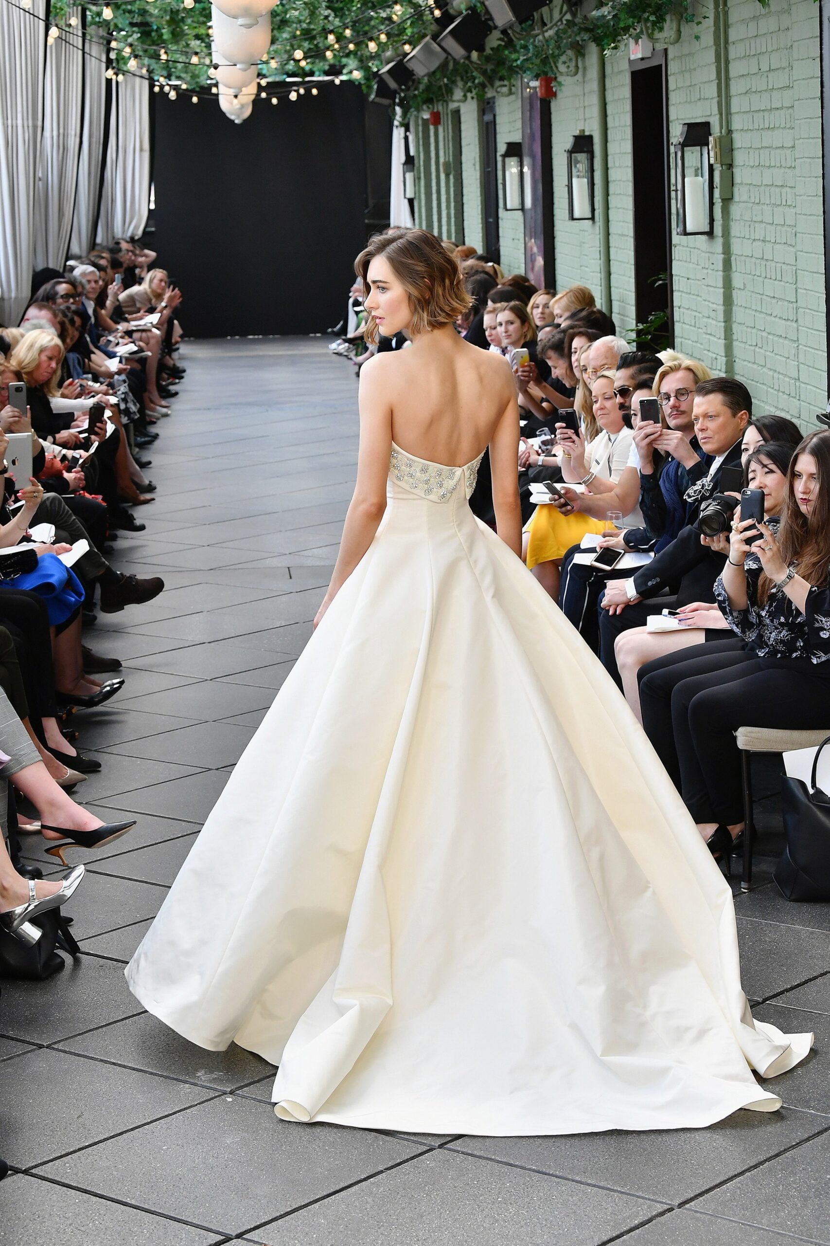 white silk strapless gown