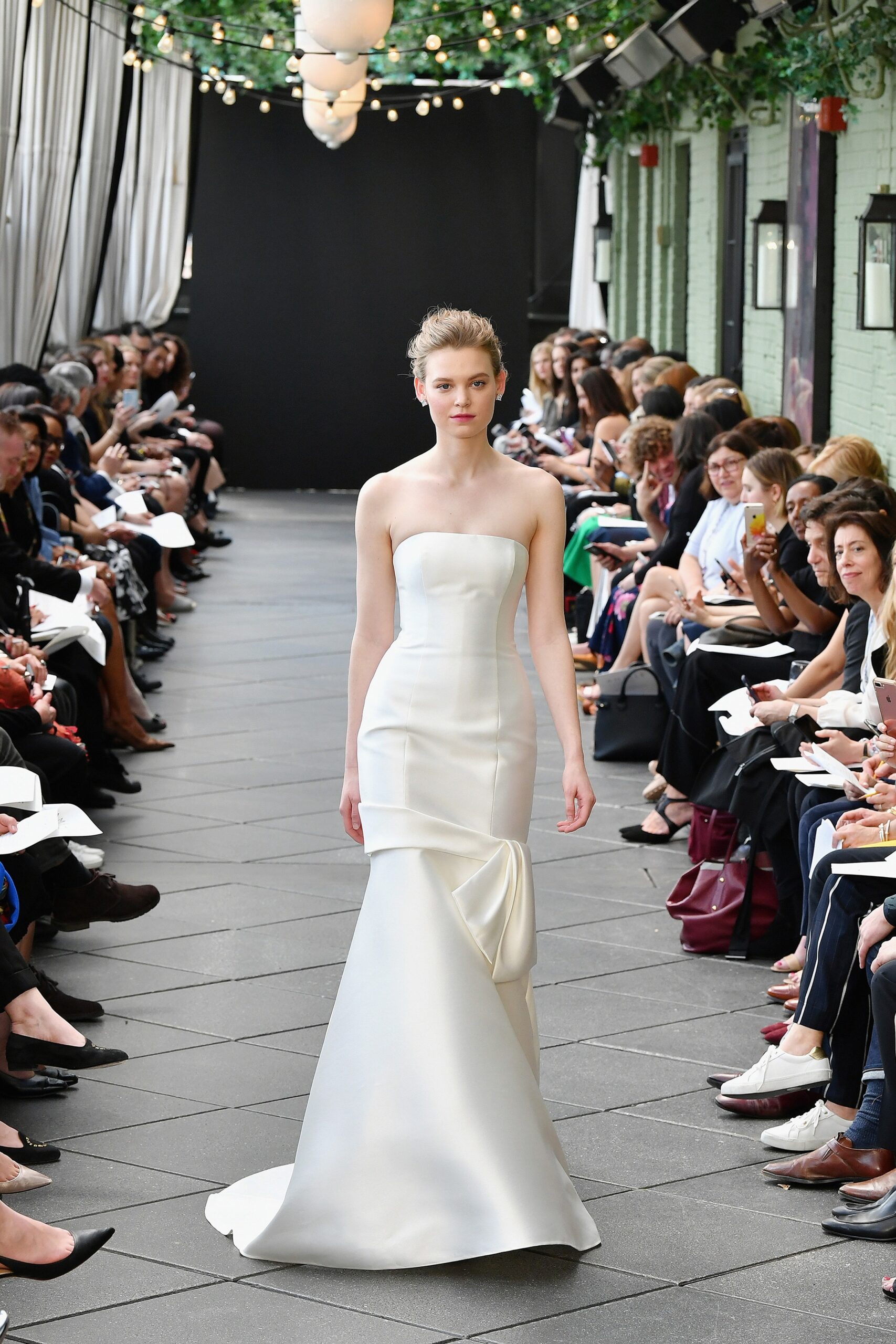 white silk strapless gown
