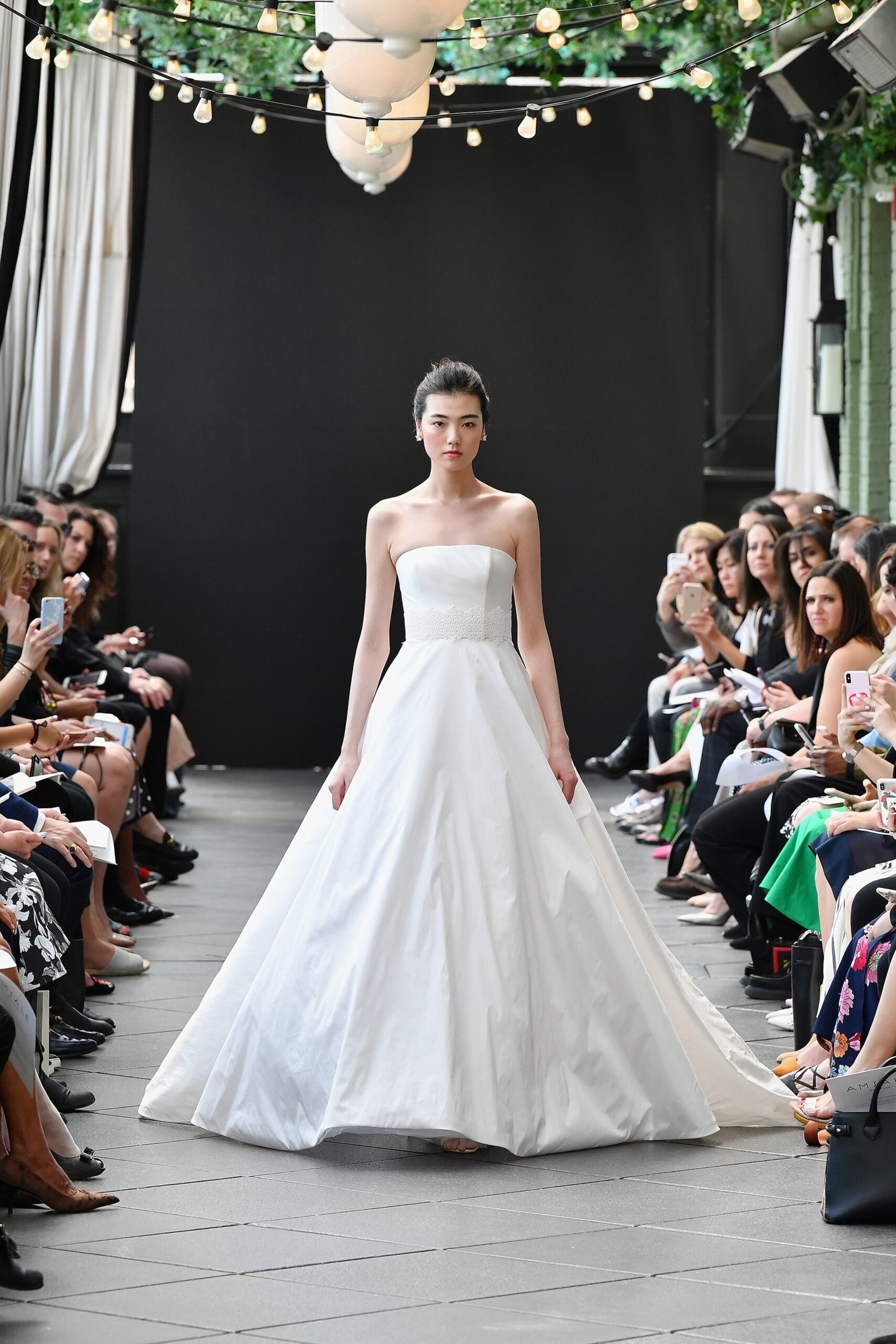 white silk strapless gown