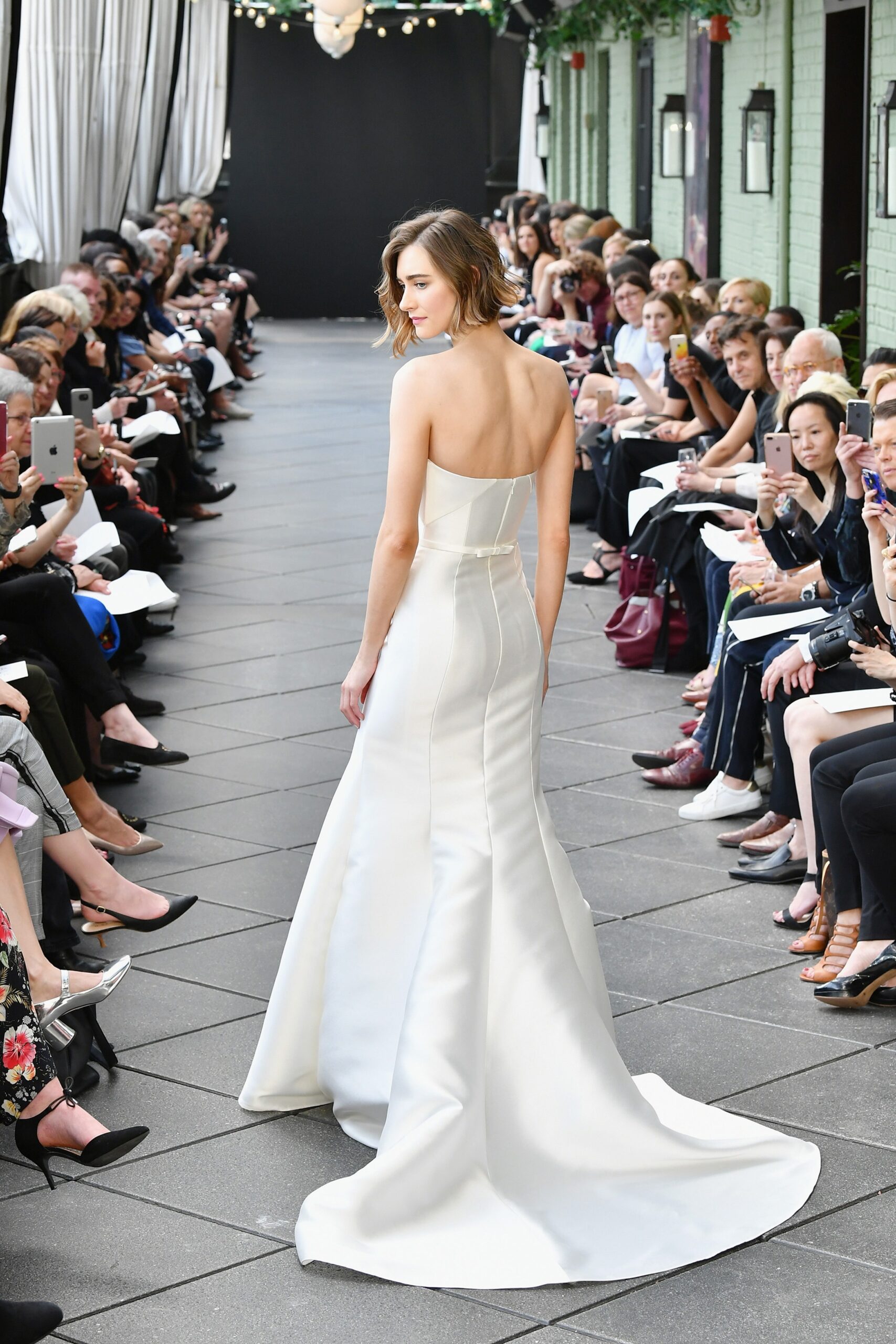 white silk strapless gown