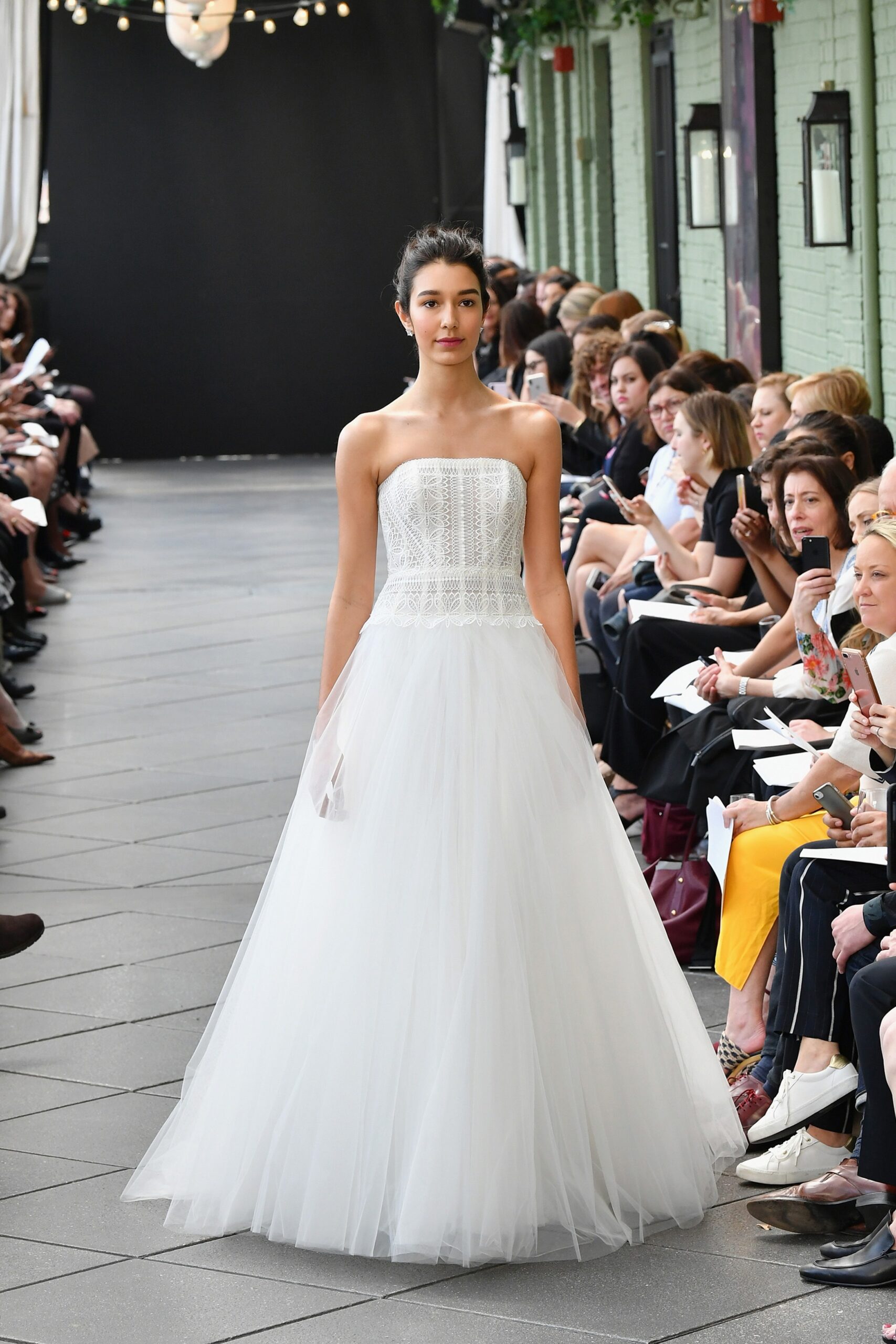 white strapless layered gown