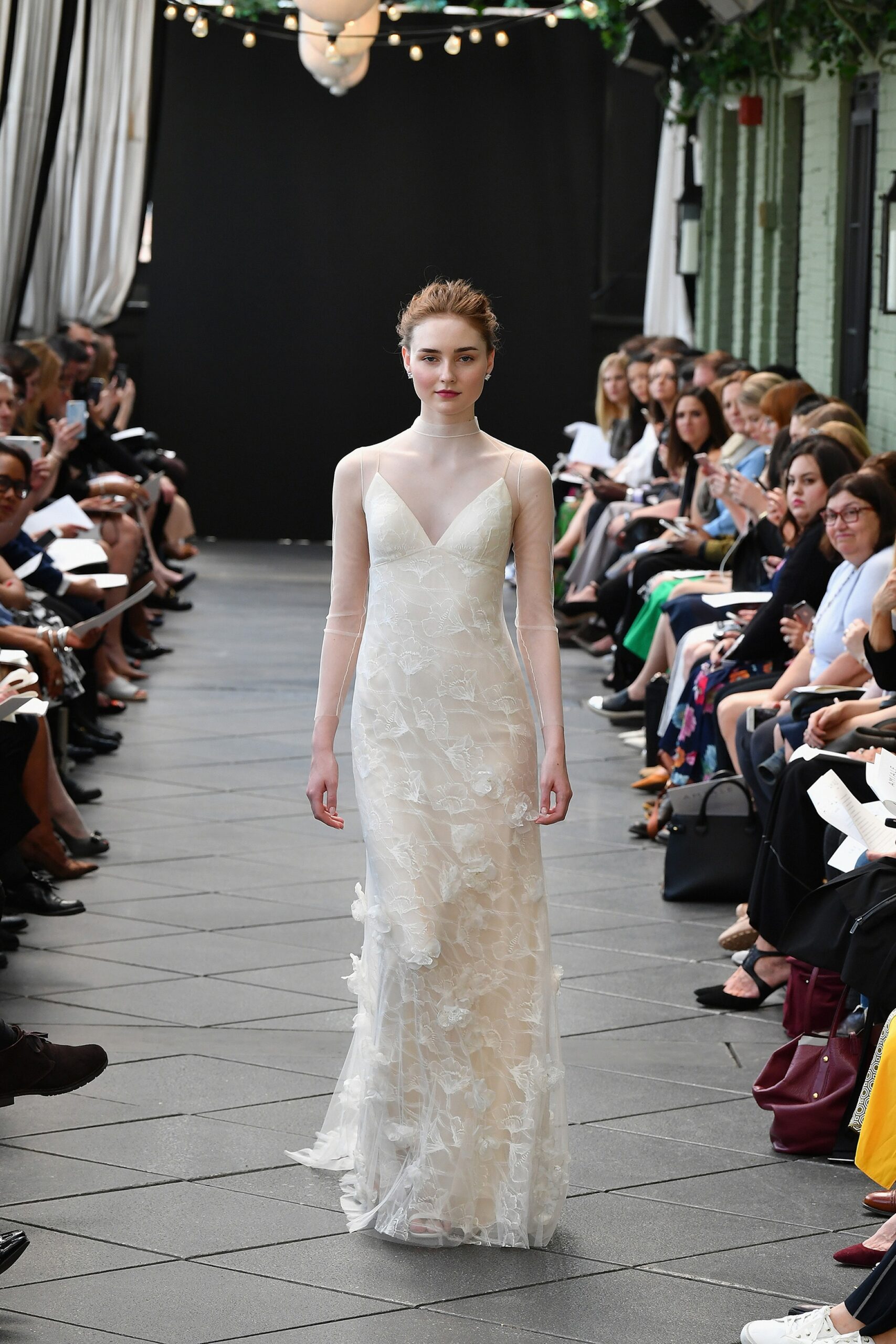 white silk embroidered gown