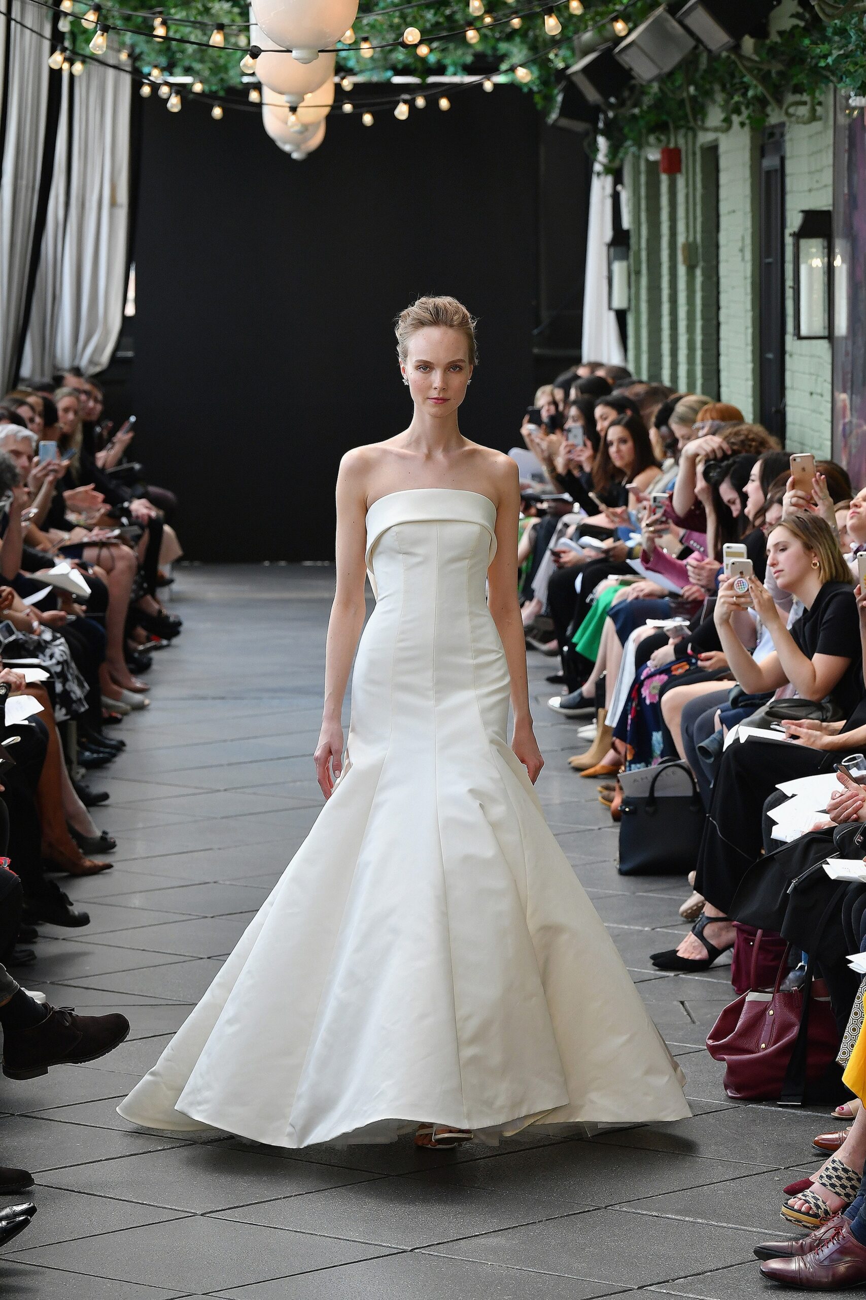 white silk strapless gown