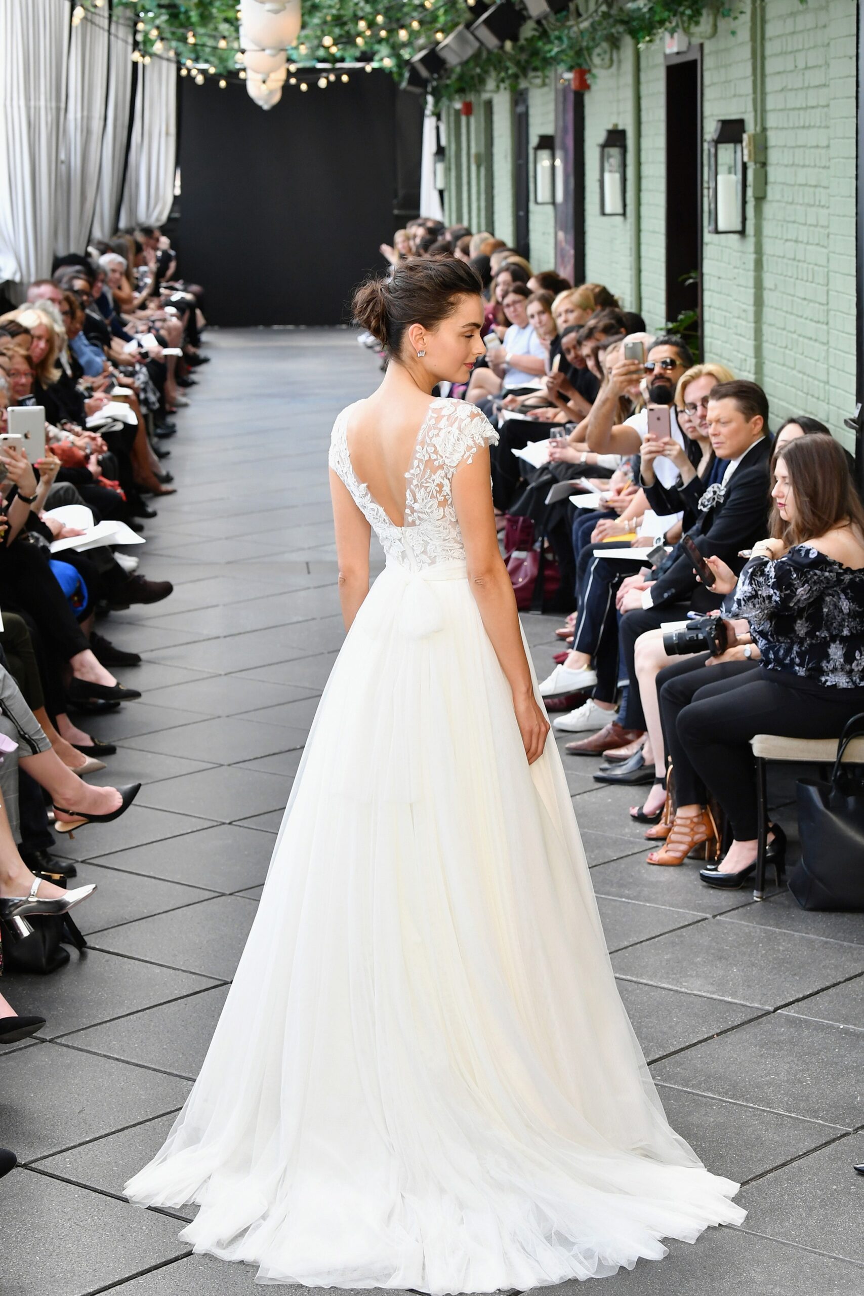 white lace flowing gown