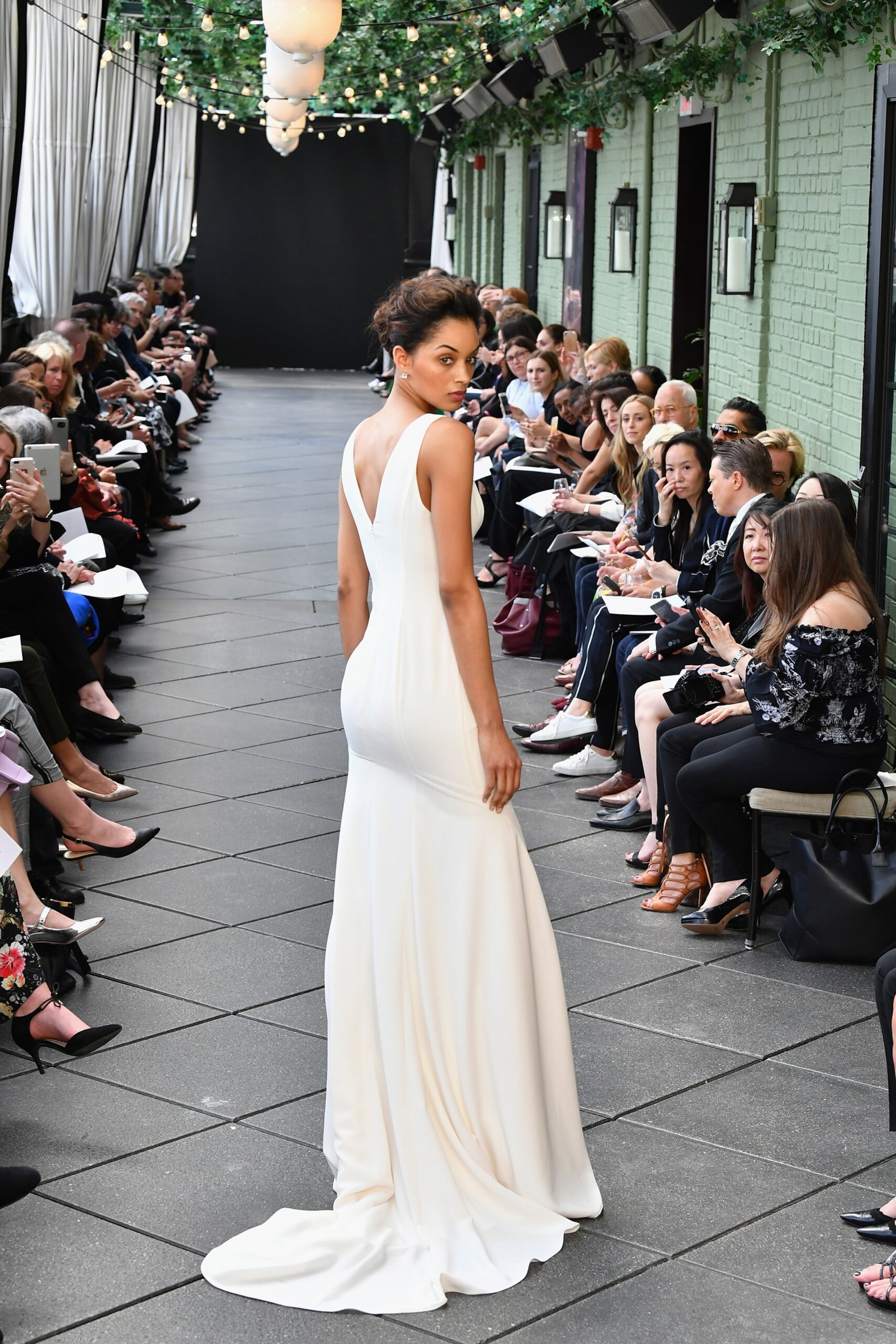 white silk fitted gown