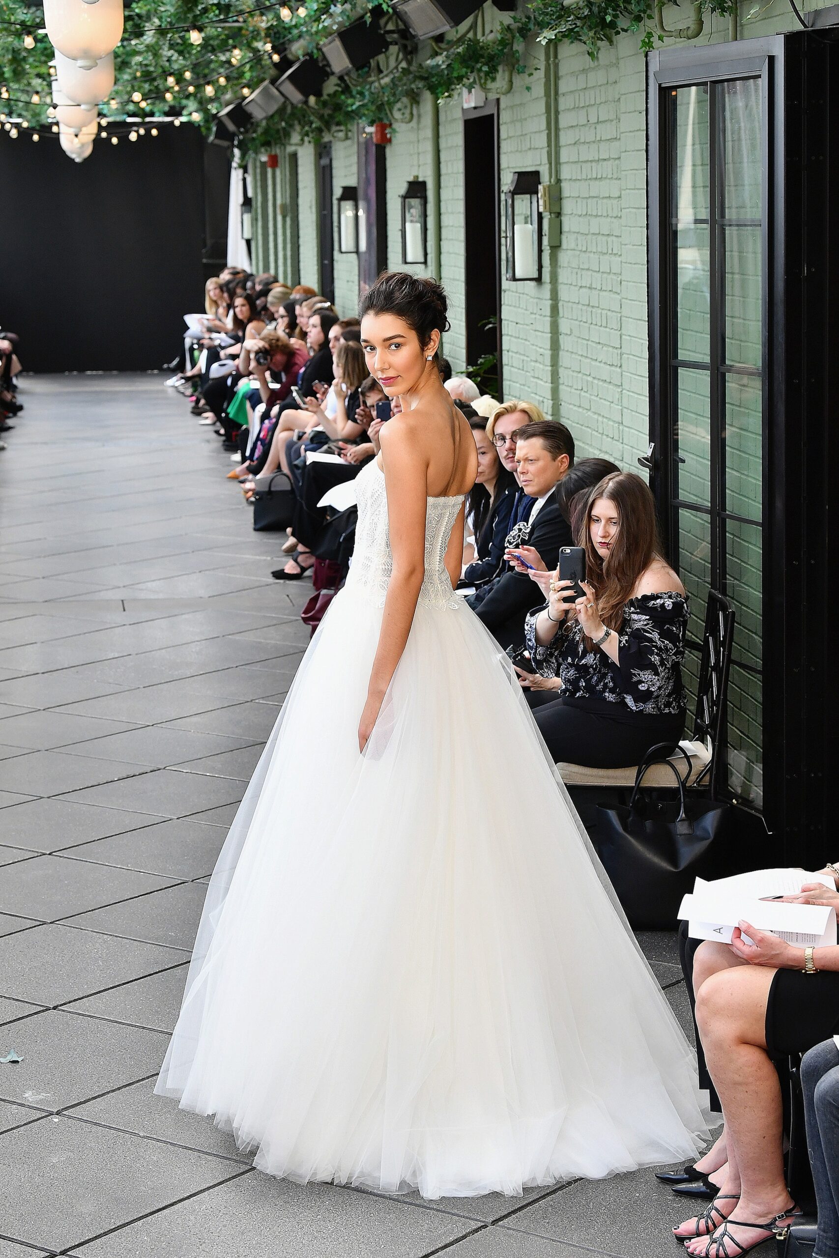 white strapless tiered gown