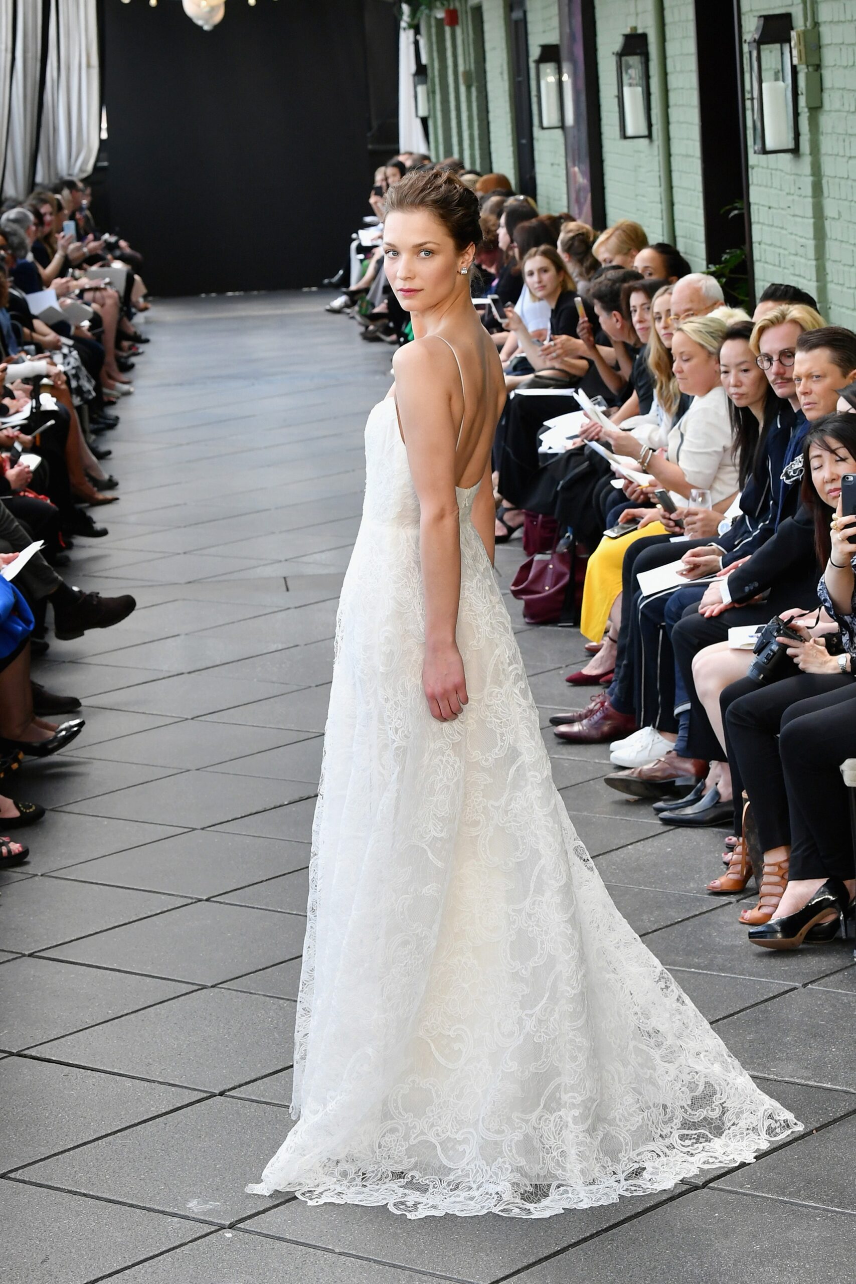 white lace backless gown