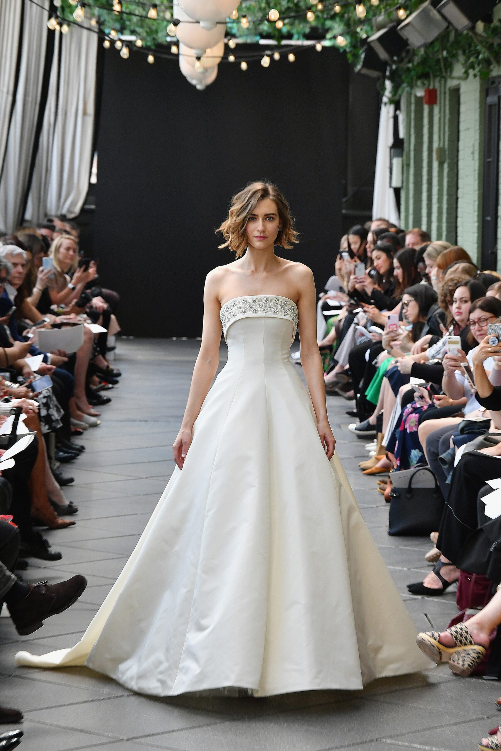 white silk strapless gown