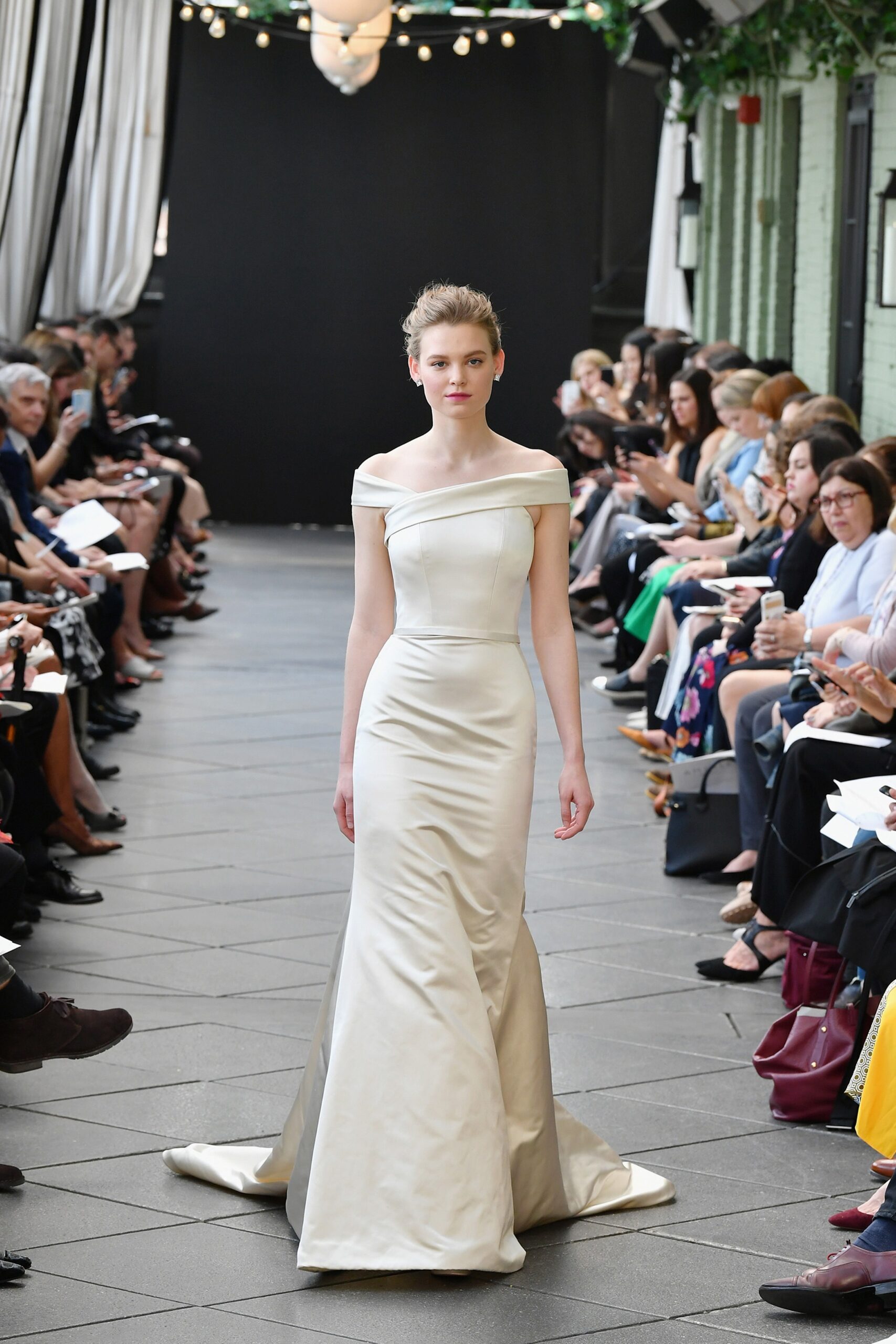 ivory silk off-shoulder gown