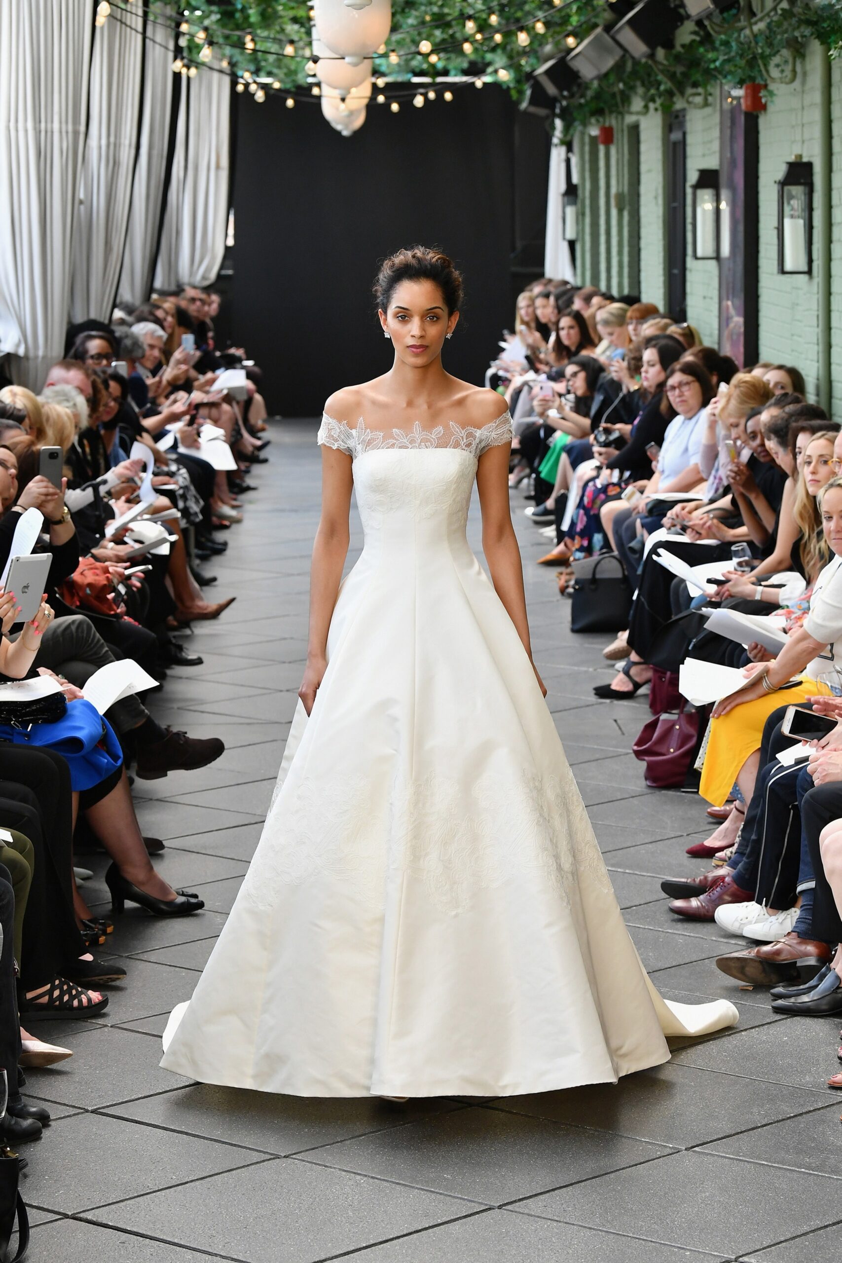 white silk off-shoulder gown