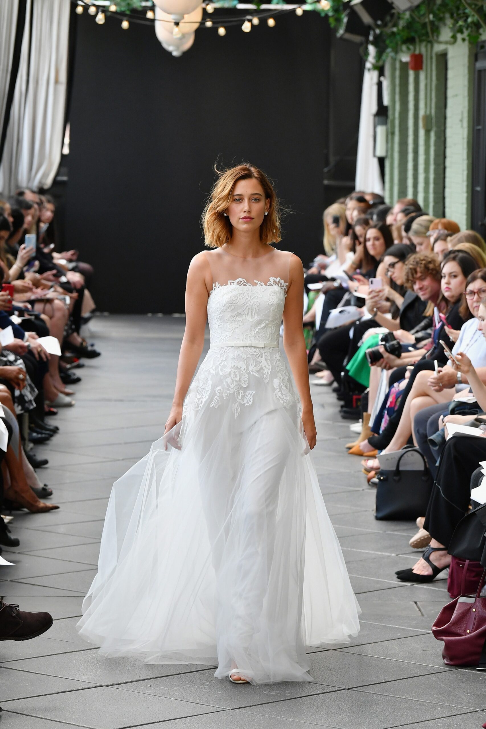 white silk embroidered gown