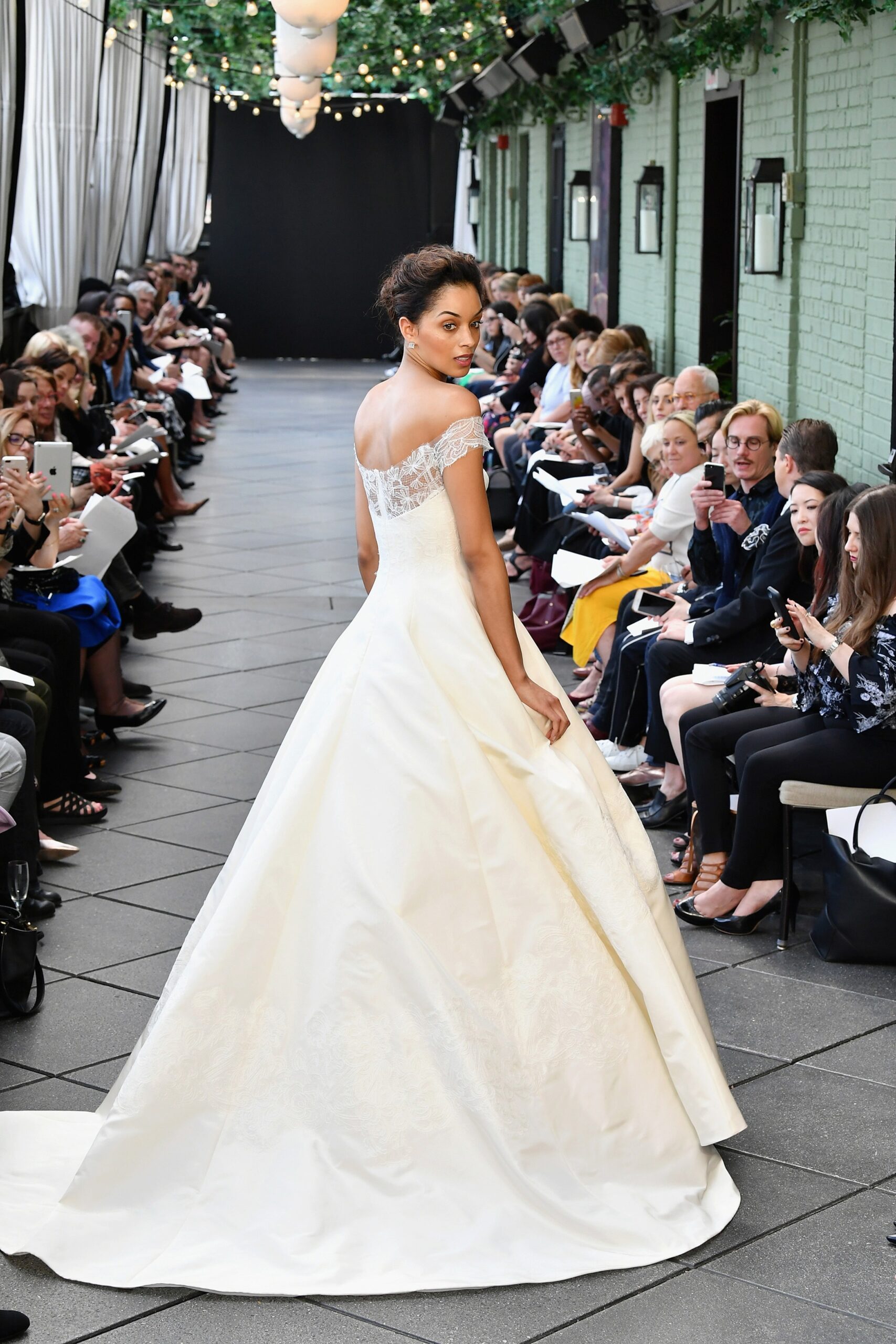 white silk off-shoulder gown
