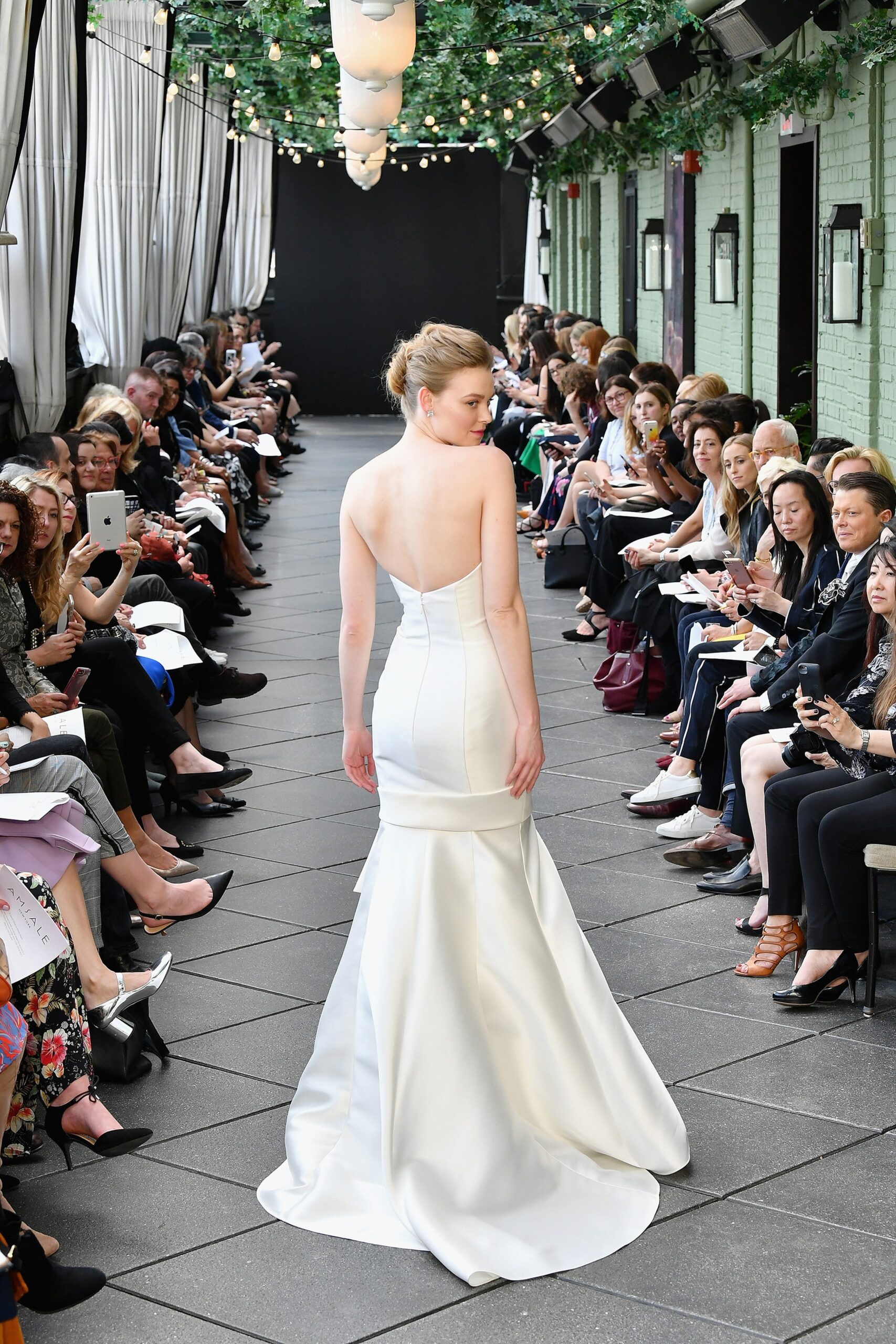 white silk strapless gown