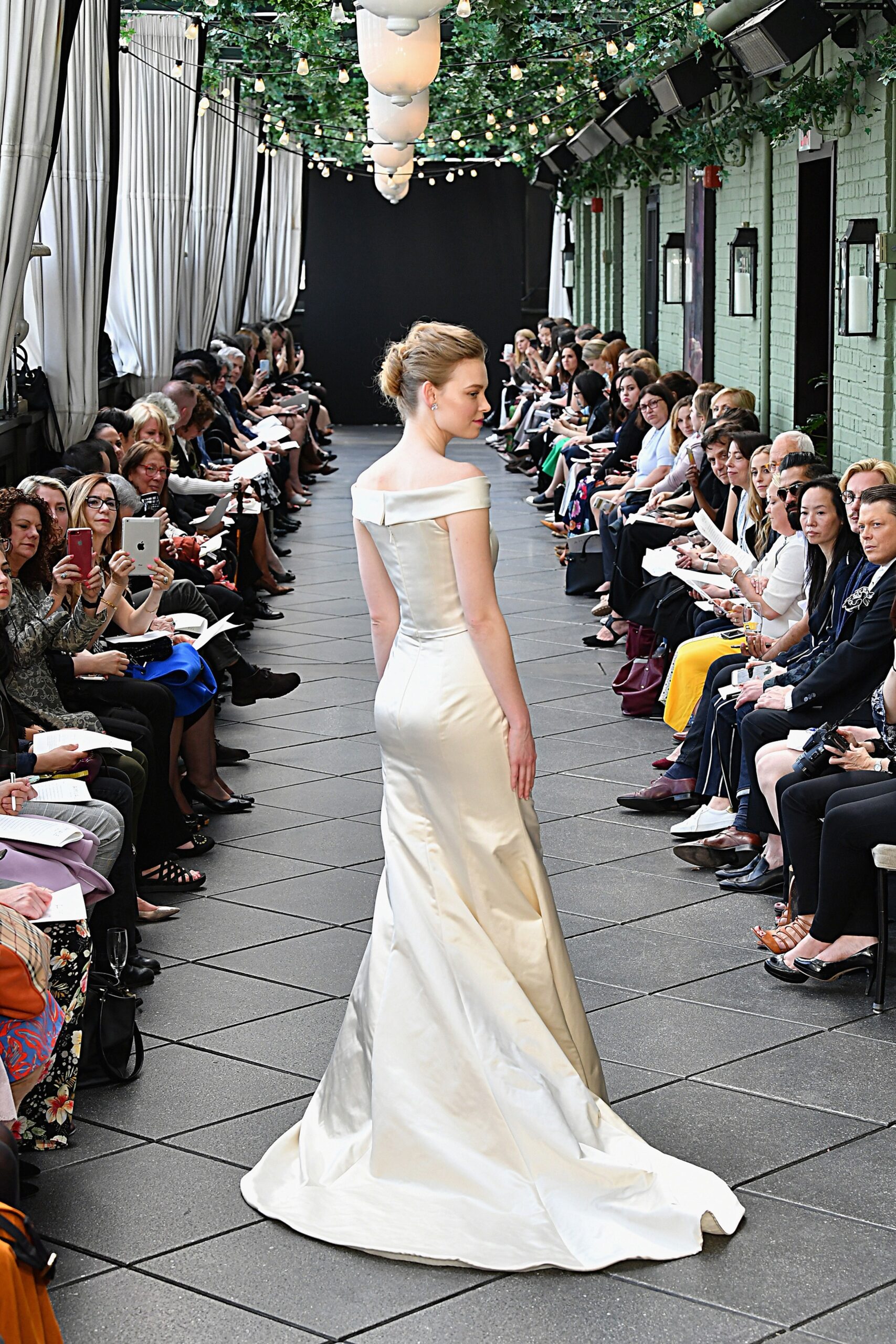 ivory silk off-shoulder gown