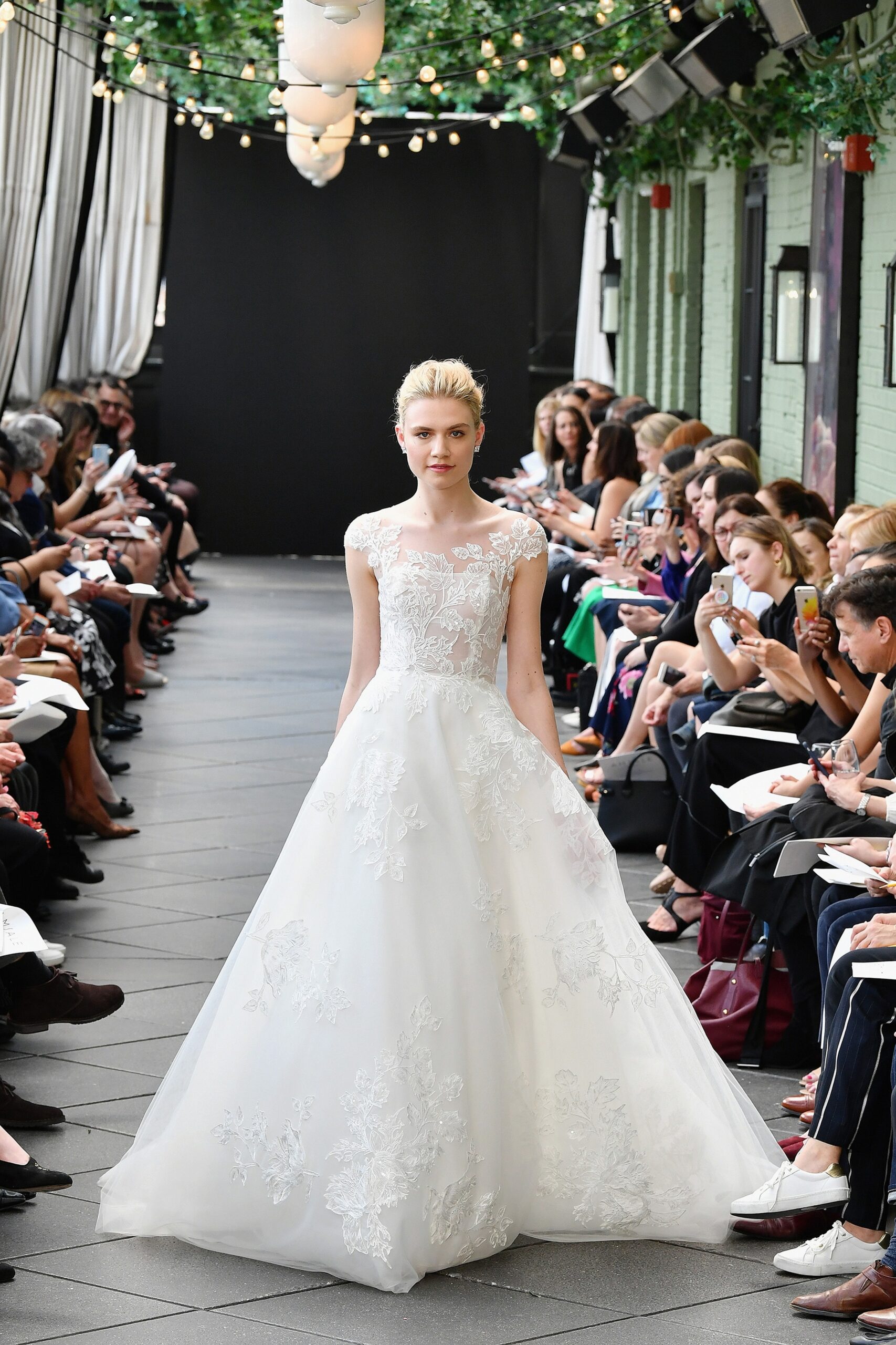 white silk embroidered gown