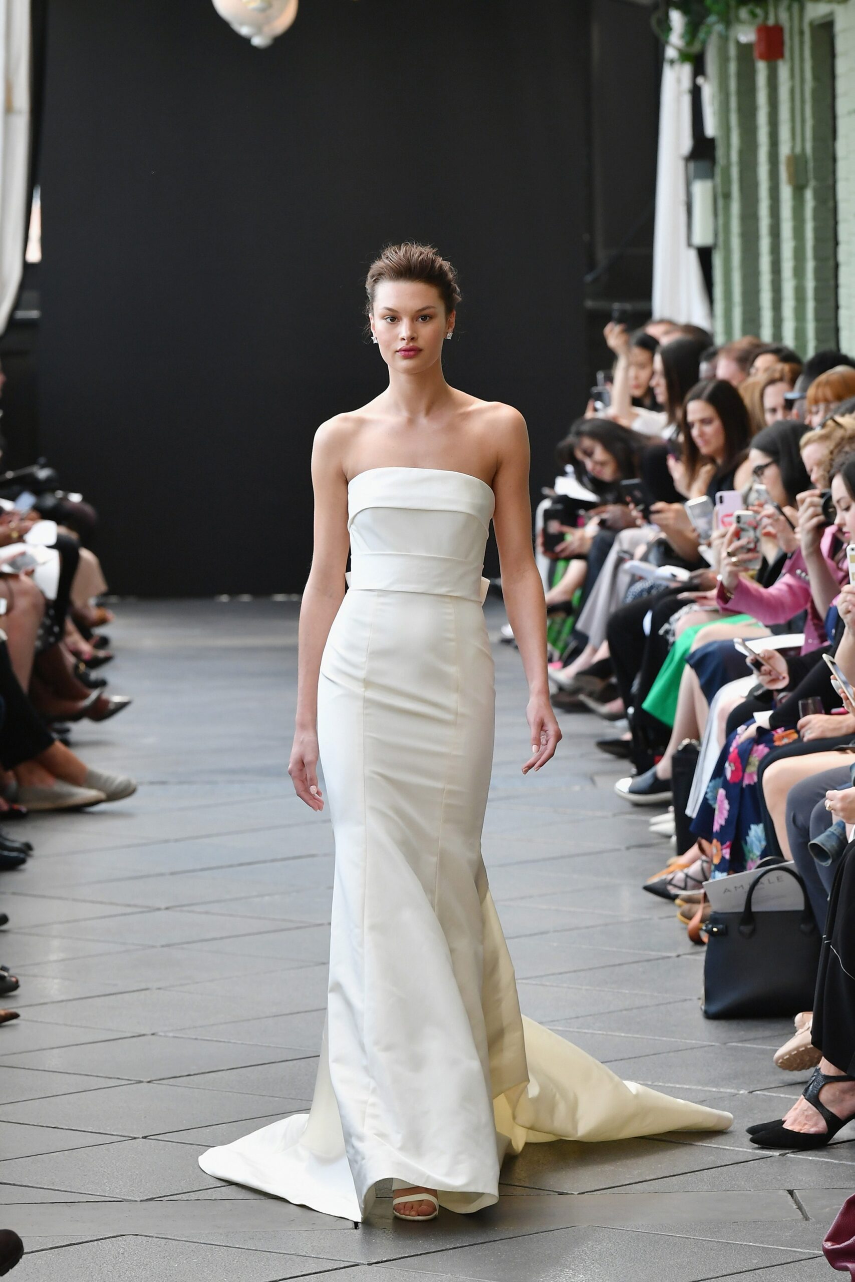 white silk strapless gown