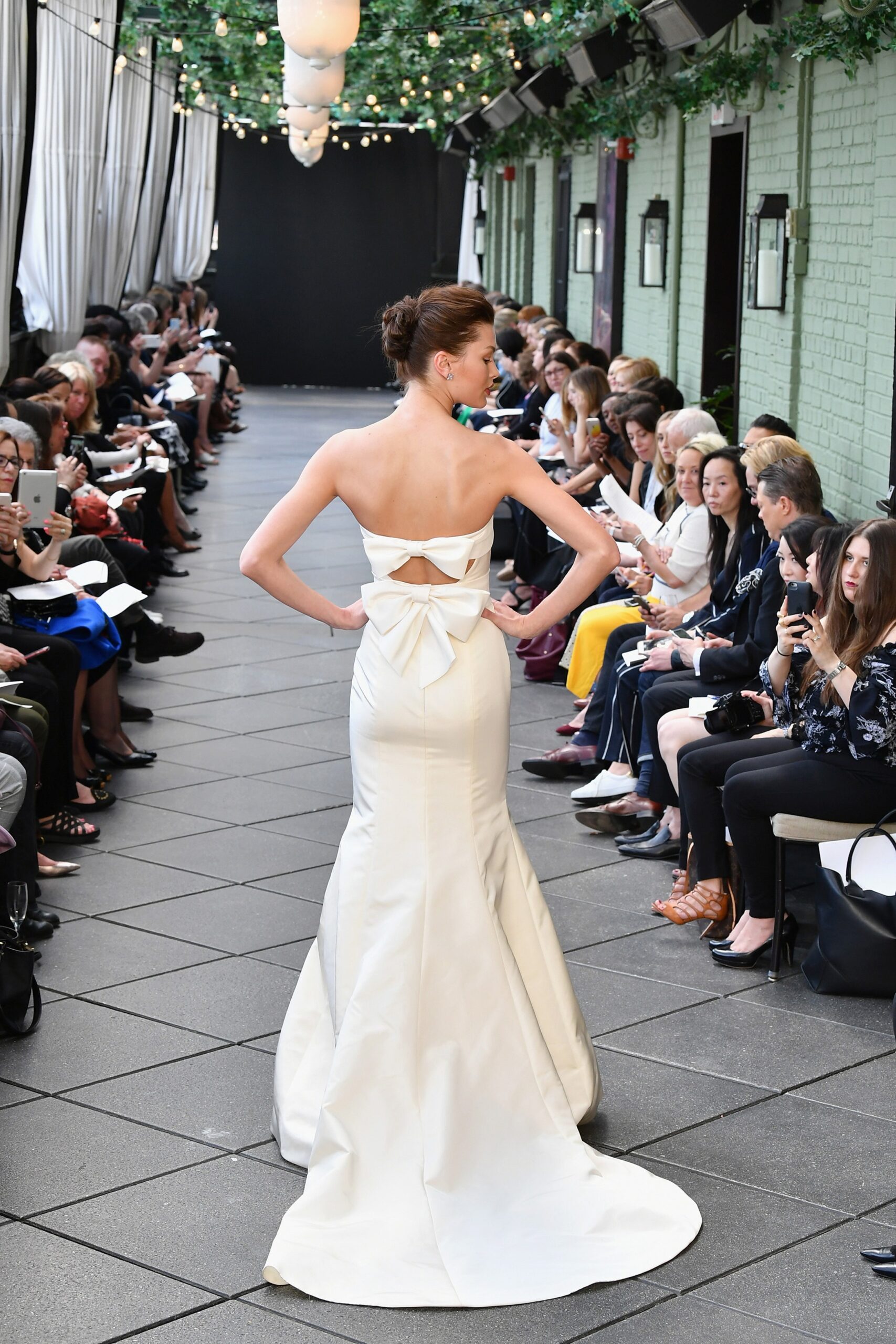 white silk strapless gown