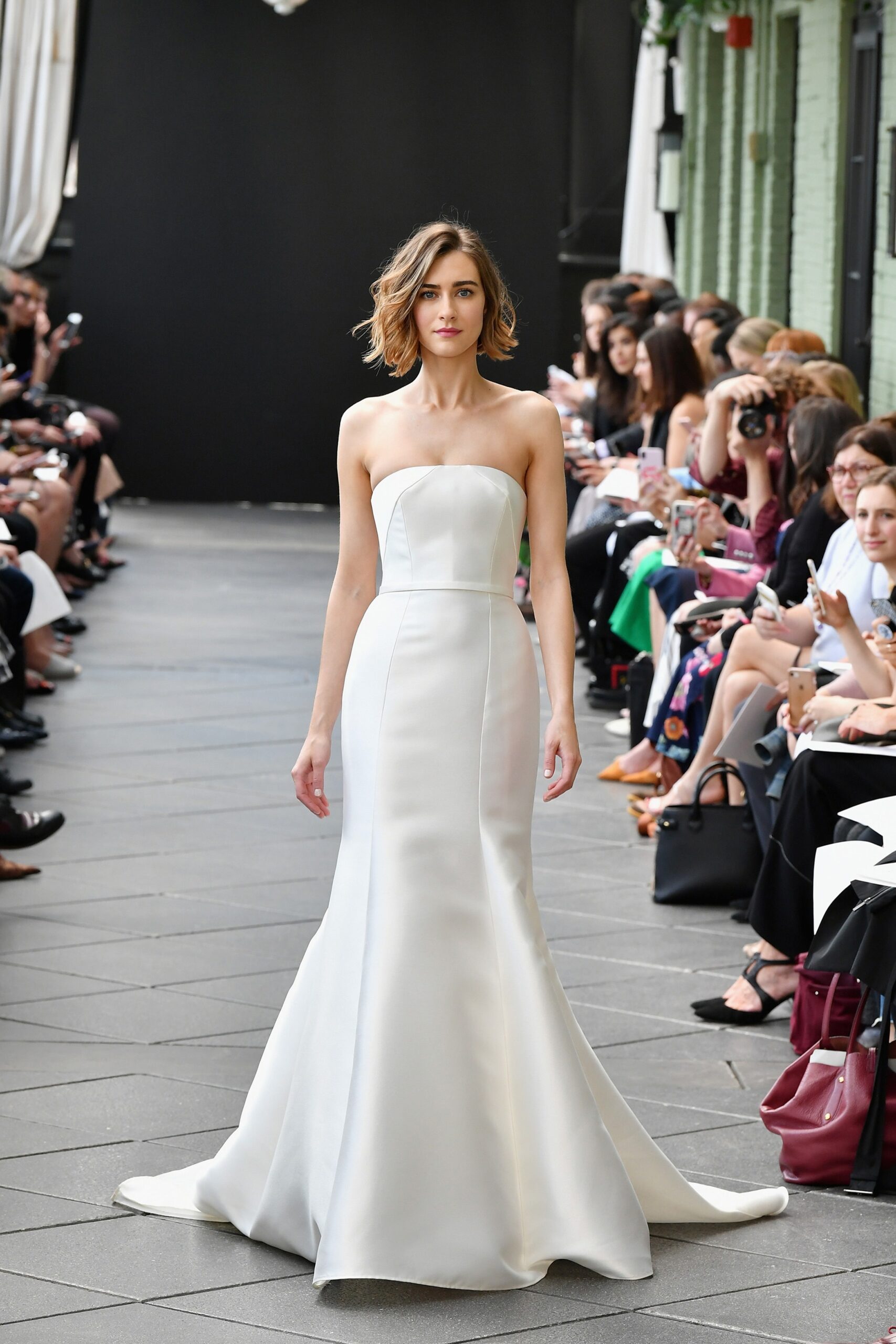 white silk strapless gown