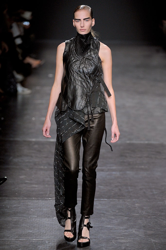 black leather sleeveless asymmetric fitted draped top