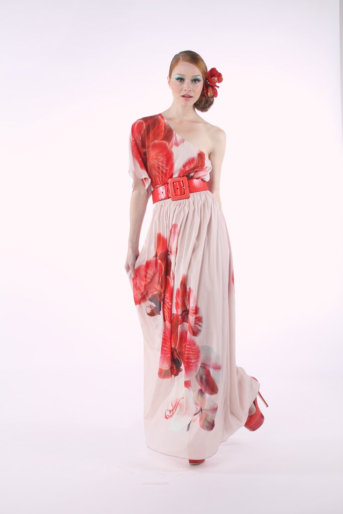 beige floral off-shoulder gown