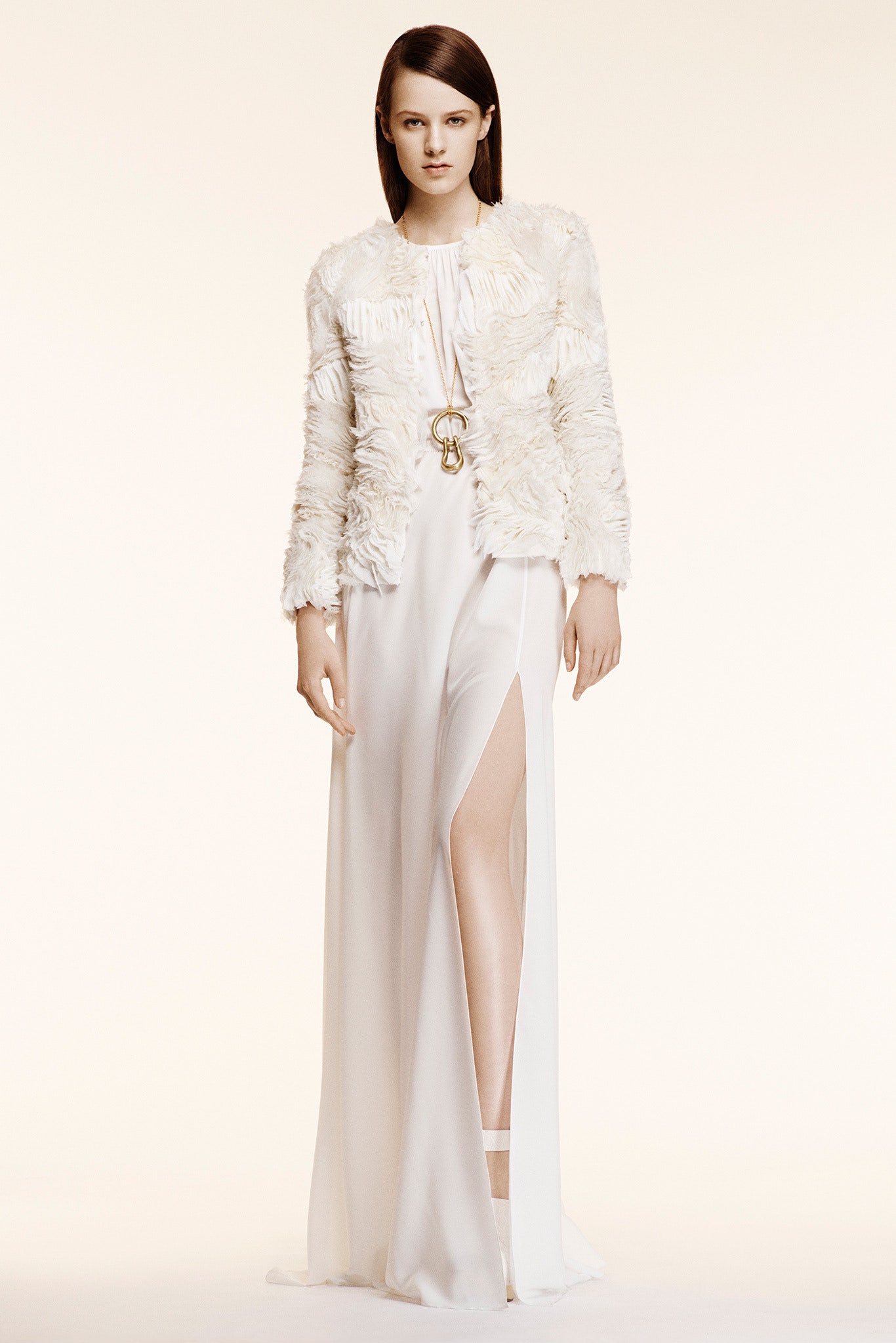 white fur long-sleeve structured fringed jacket